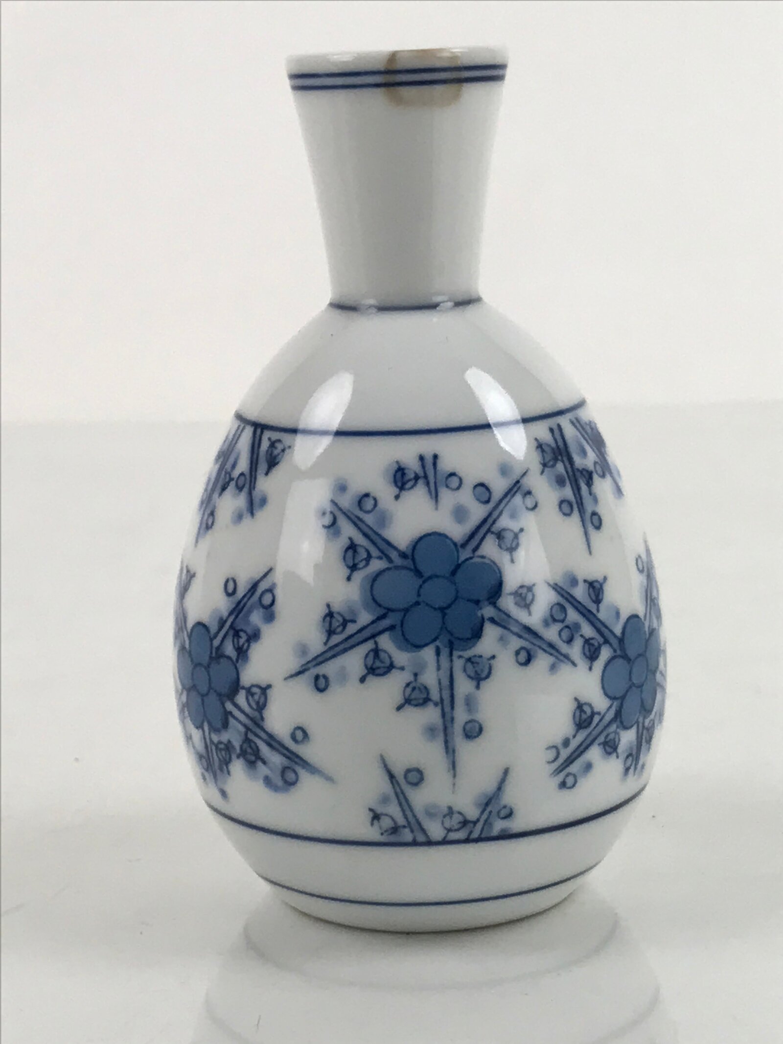Japanese Sake Bottle Porcelain Tokkuri Vtg Atomic Plum Blossoms White Blue TS683
