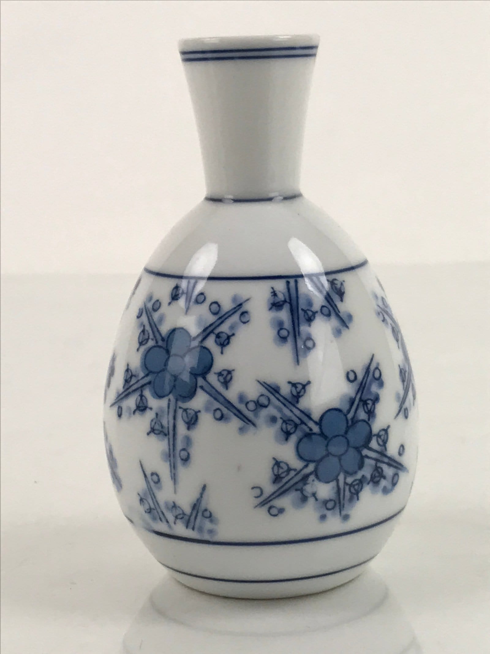 Japanese Sake Bottle Porcelain Tokkuri Vtg Atomic Plum Blossoms White Blue TS683