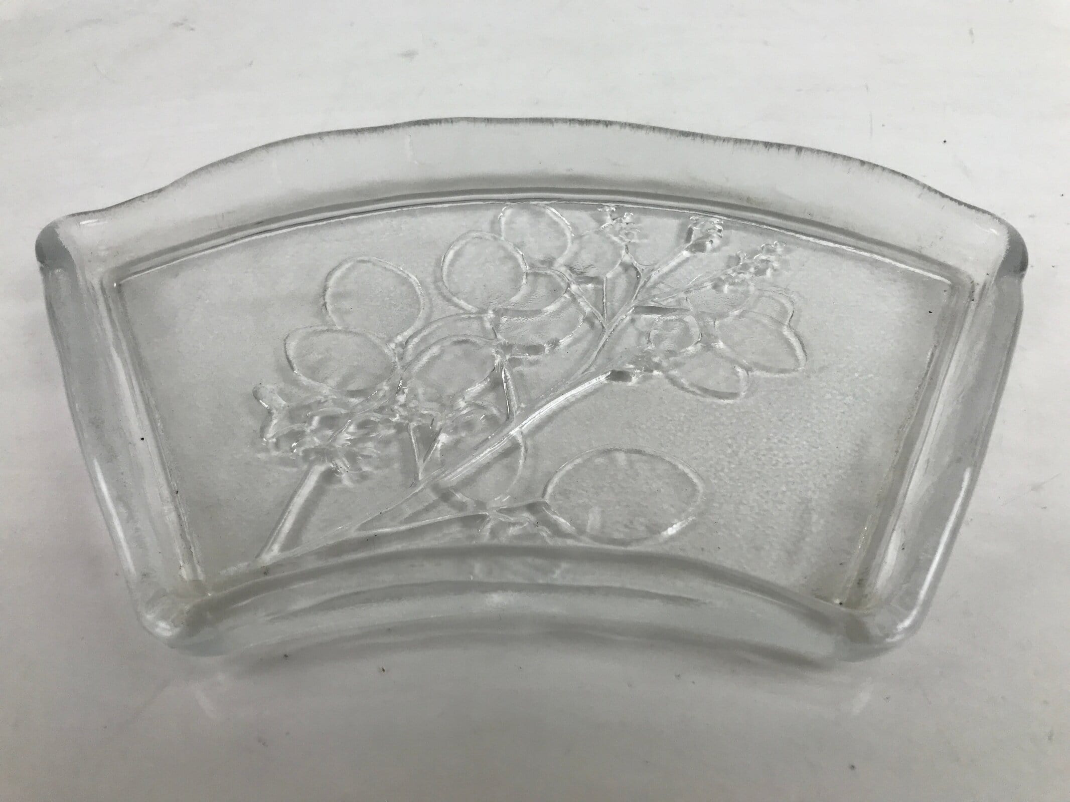 Japanese Sasaki Crystal Glass Sashimi Plate Kozara Vtg Fan Shape Plant Clear Y84