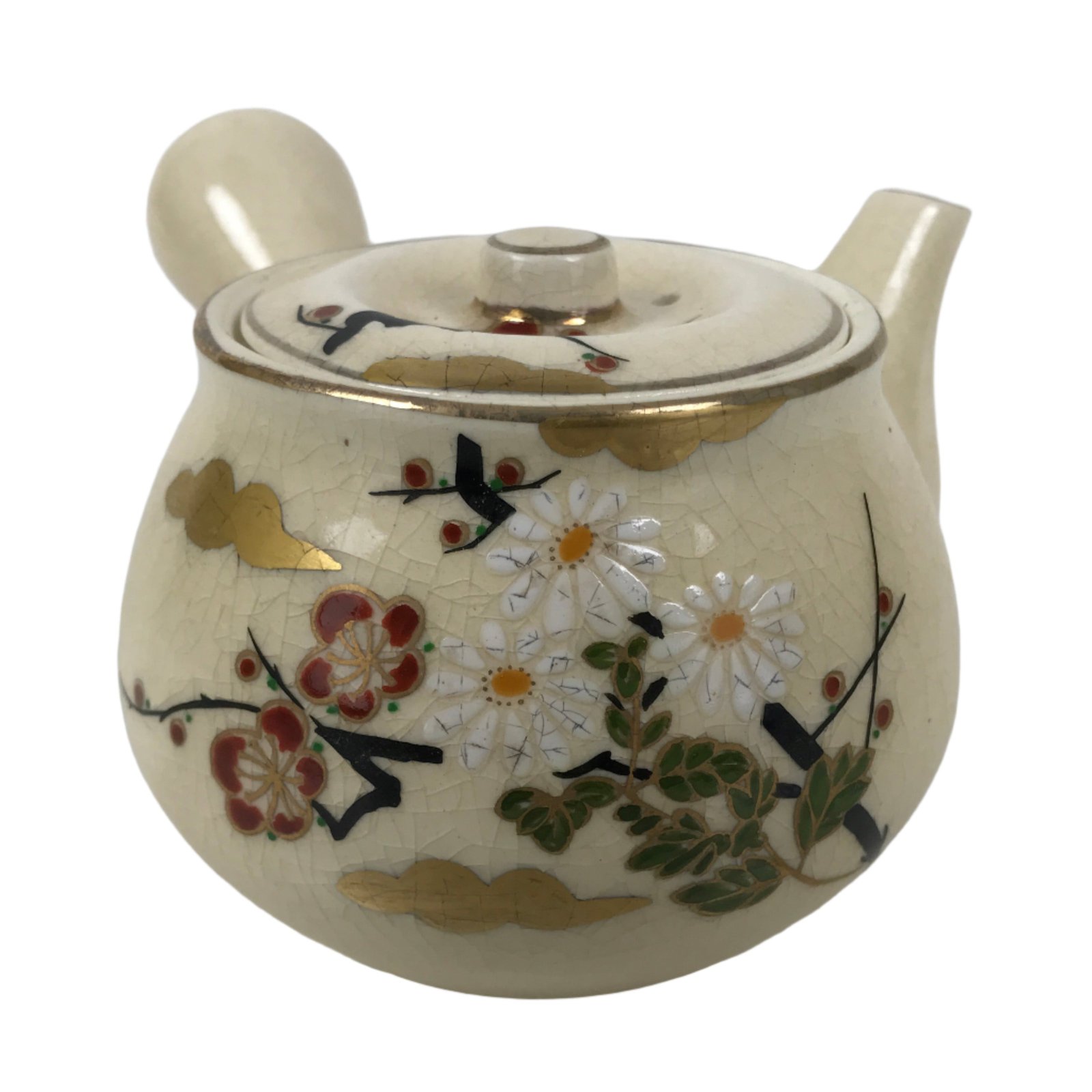 Japanese Satsuma Porcelain Lidded Teapot Vtg Kyusu Yokode Plum Beige Red Y336