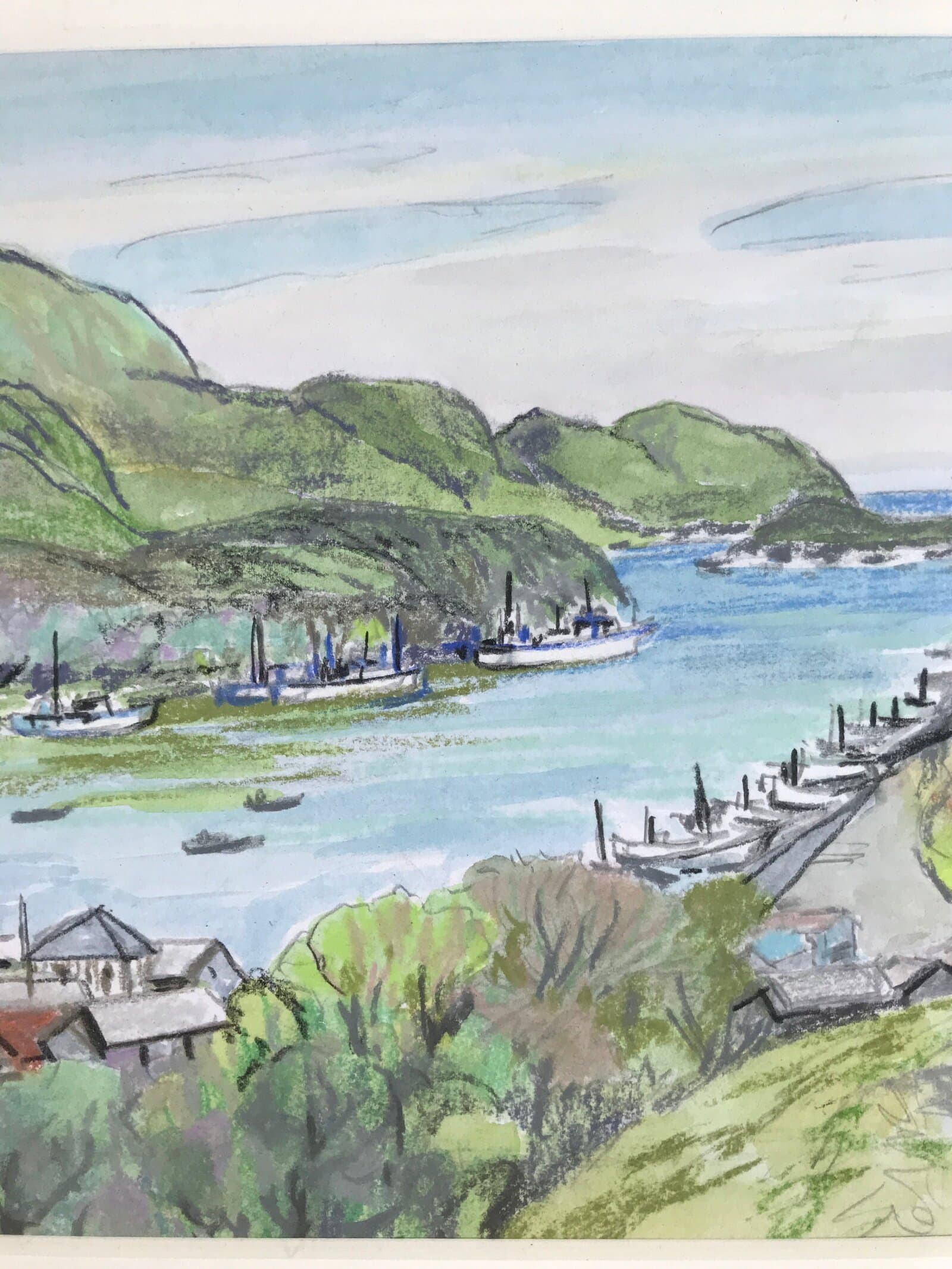 Japanese Seaside Village Pastel Drawing Original Signed Yoshihiro Hagino FL295