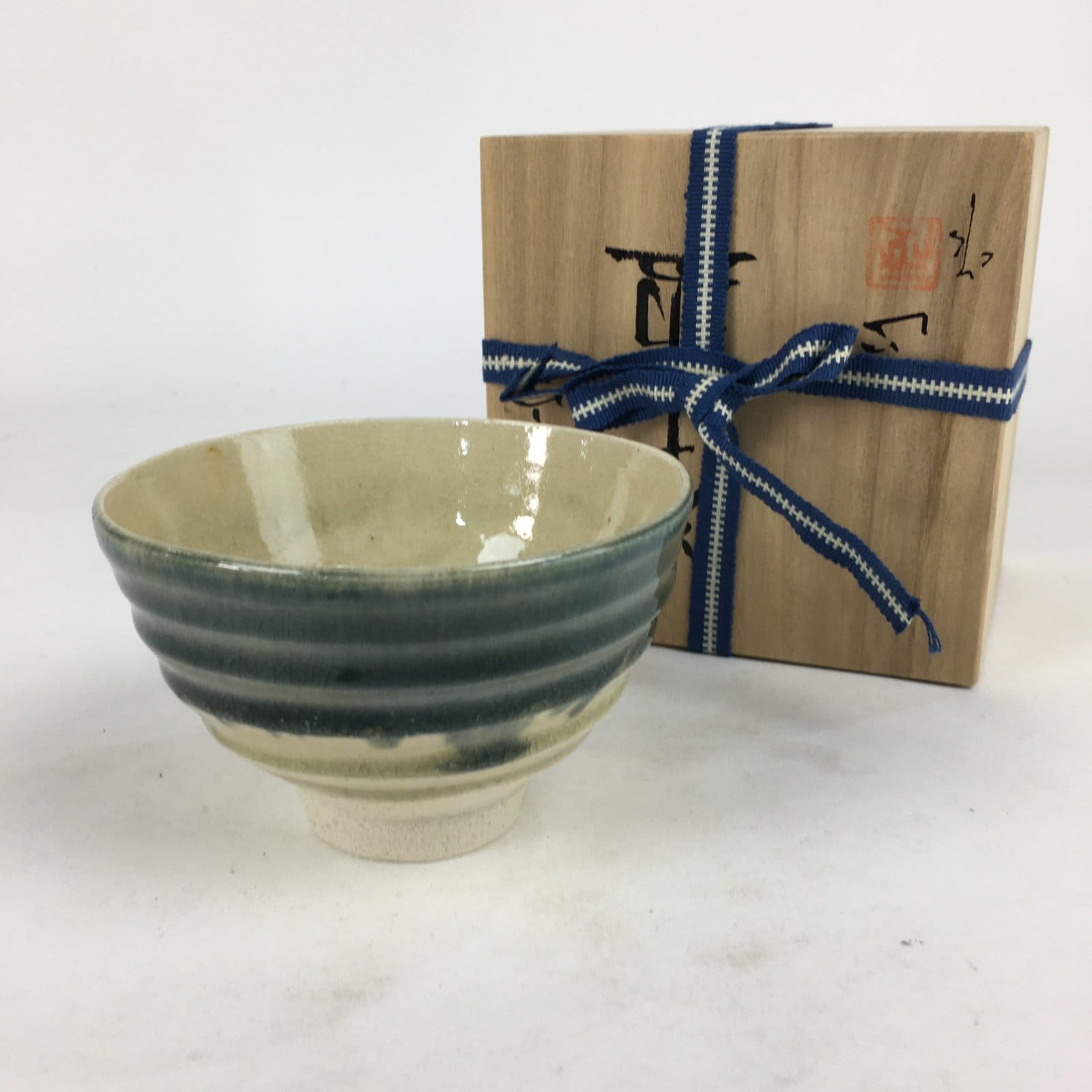 Japanese Seto Ware Ceramic Green Tea Bowl Vtg Chawan Boxed Pottery PX602