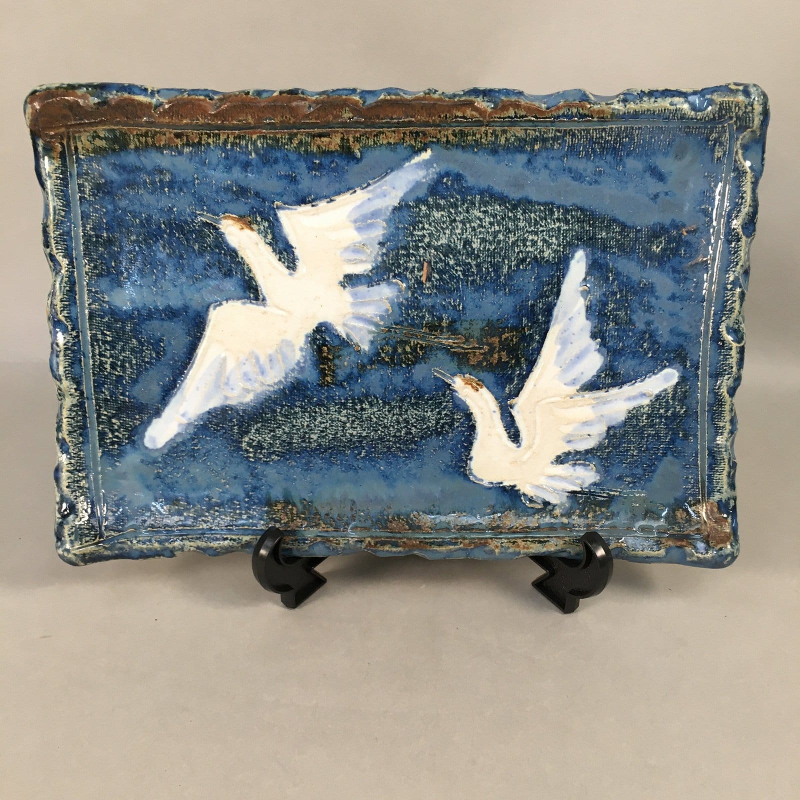 Japanese Setoyaki Ceramic Pottery Vtg Blue Square Plate Cranes Yakimono PP453