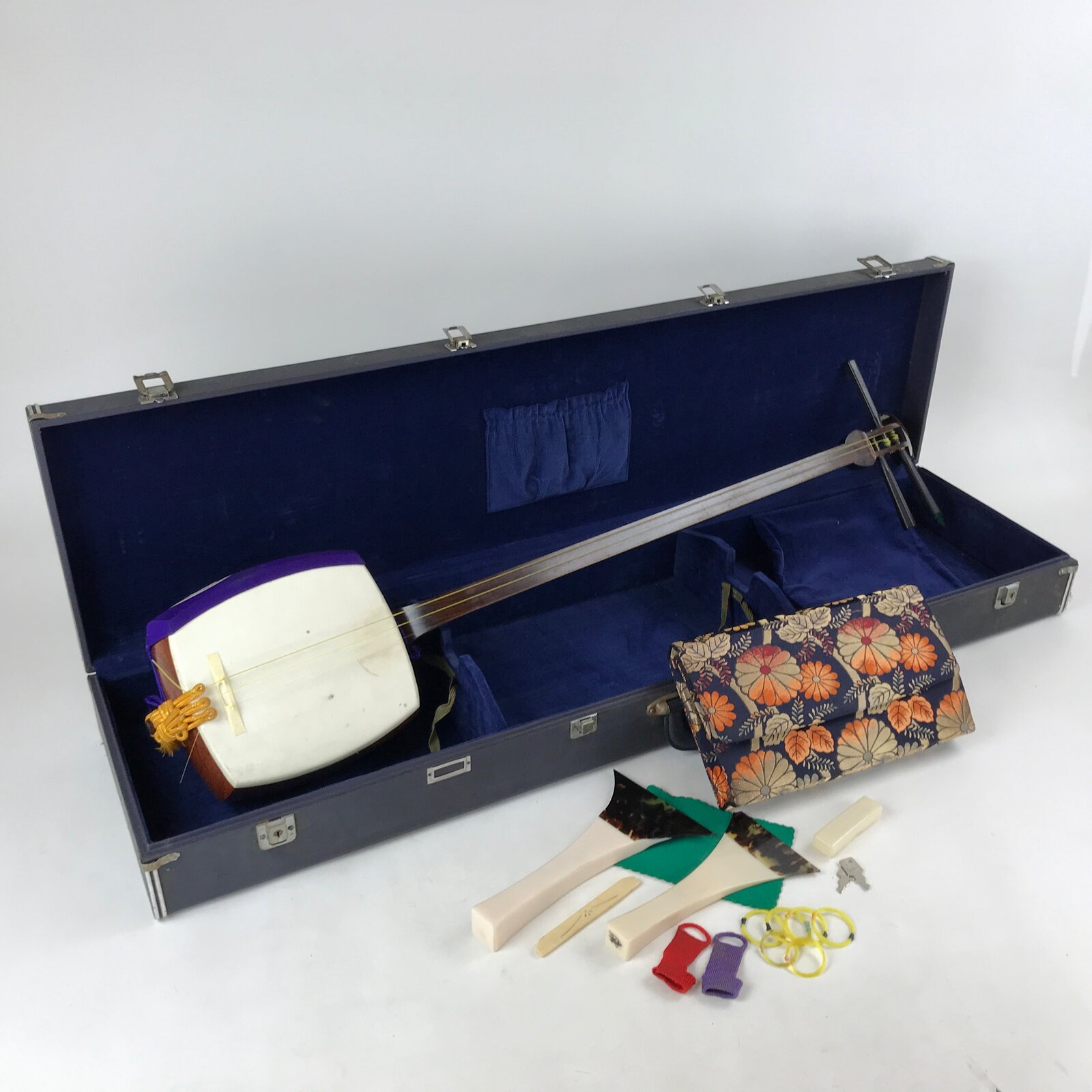 Japanese Shamisen W/ Case Vtg Traditional Wooden Instrument Complete Set JK667