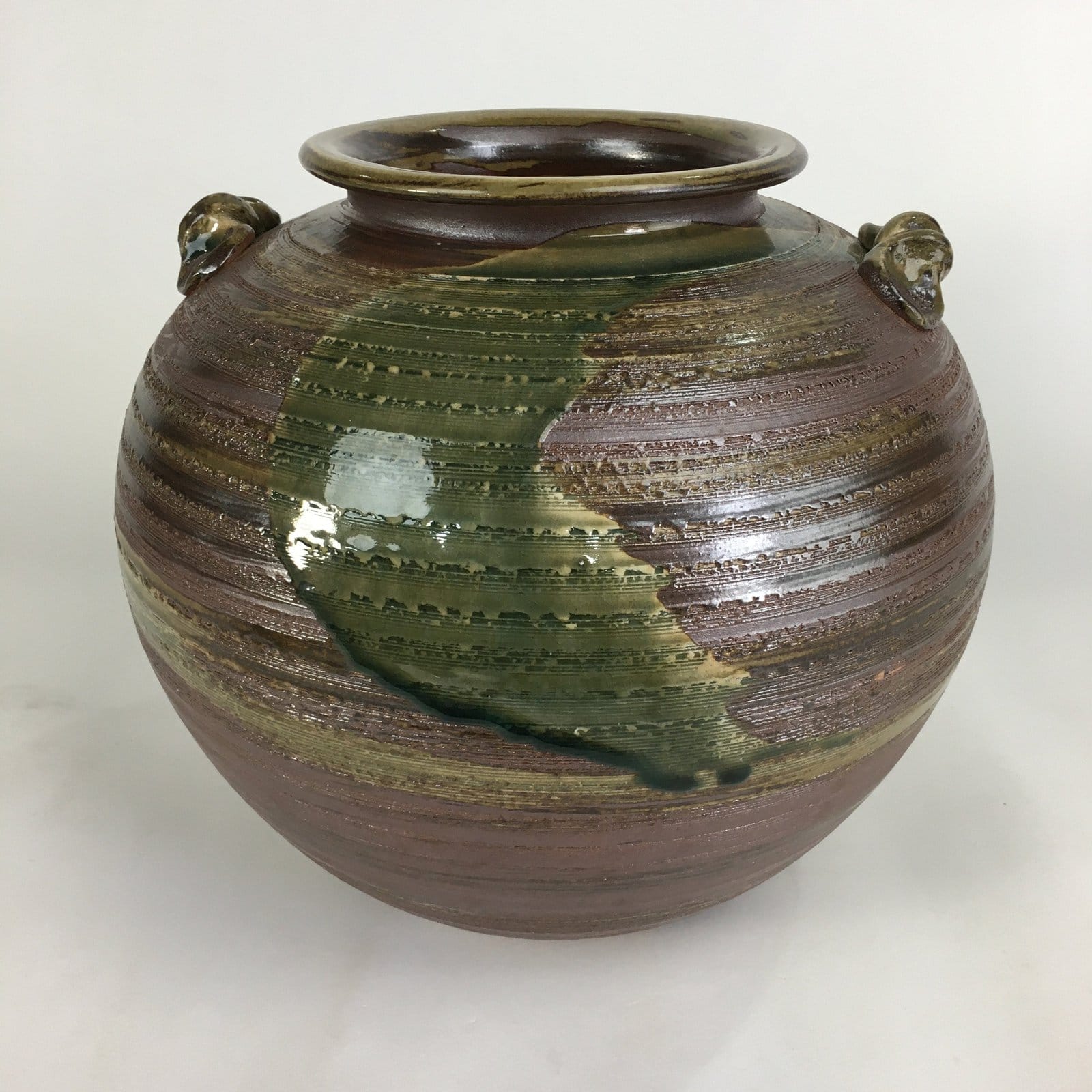 Japanese Shigara Ware Ceramic Flower Vase Kabin Vtg Green Glaze Ikebana FV915