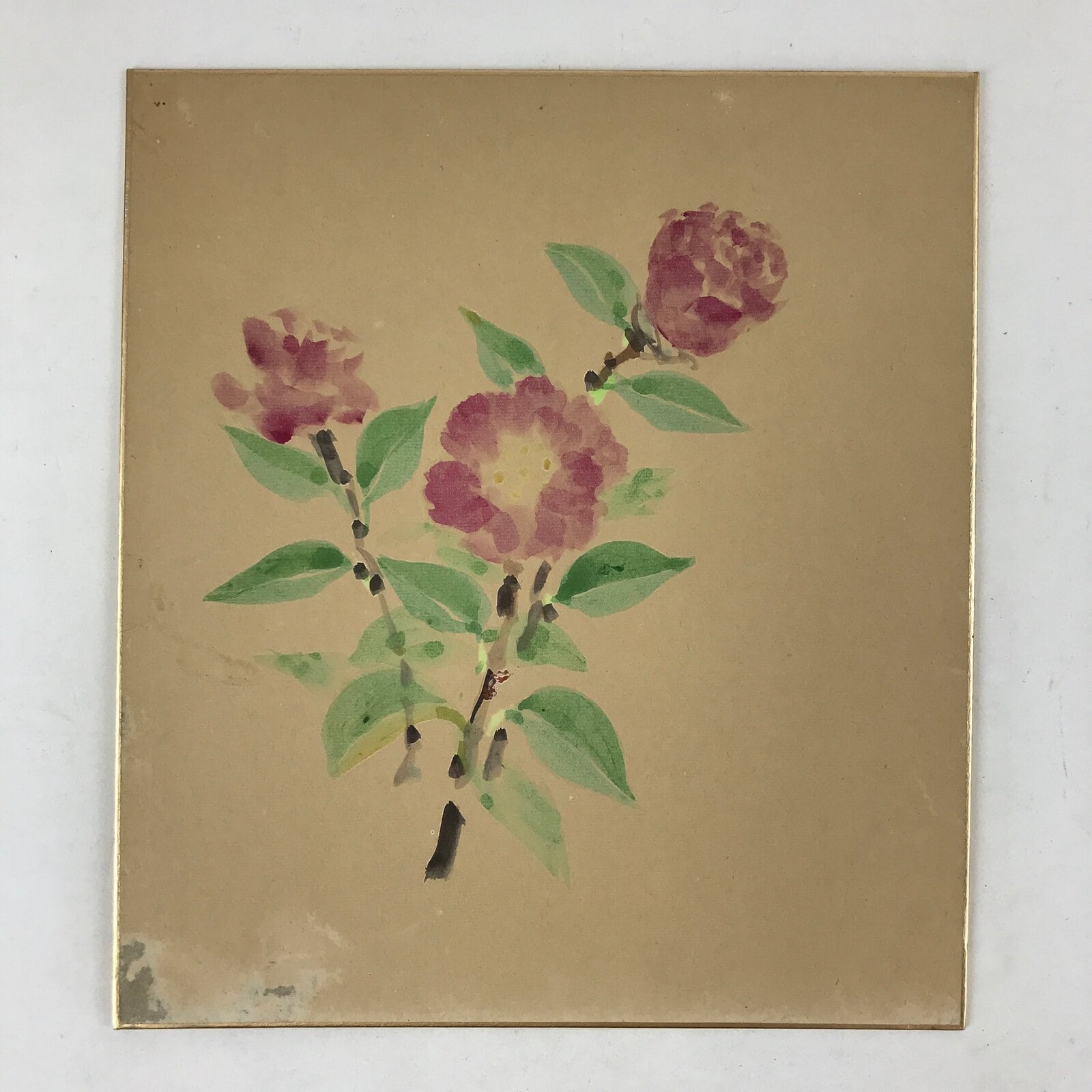 Japanese Shikishi Art Board Camellia Flower Vtg Tsubaki Painting Purple A540