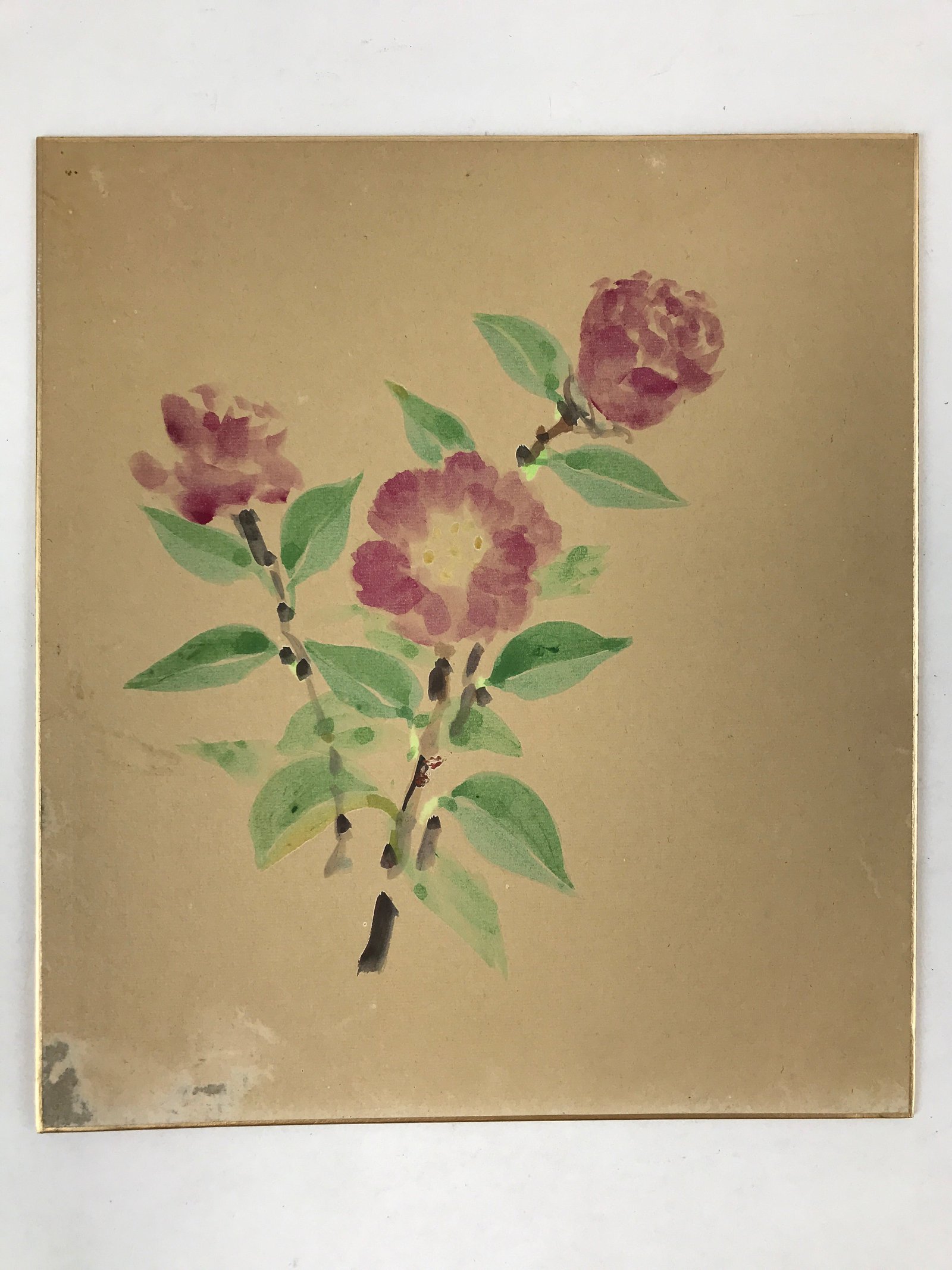 Japanese Shikishi Art Board Camellia Flower Vtg Tsubaki Painting Purple A540