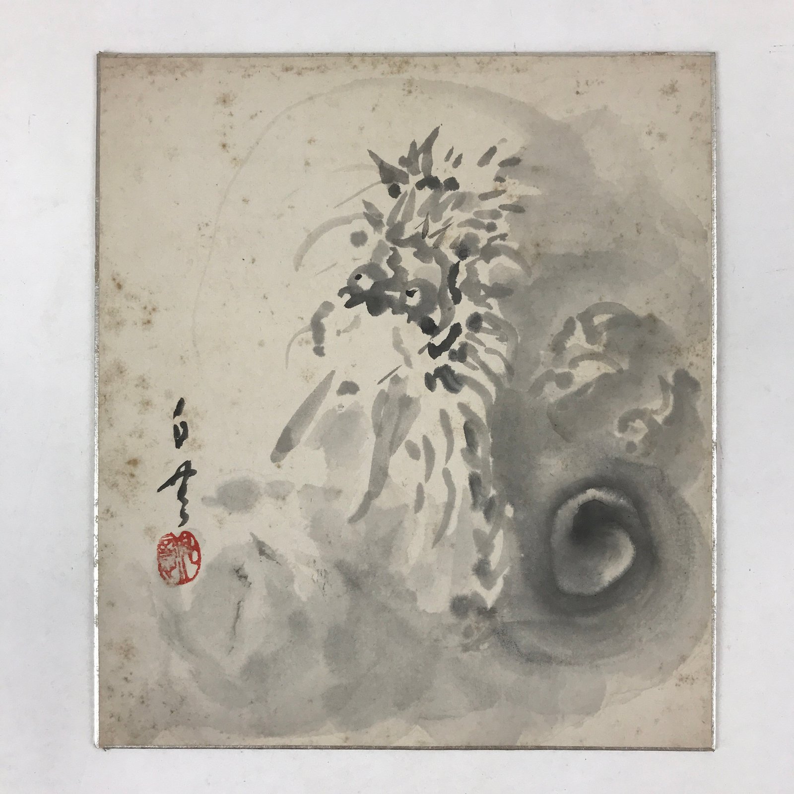 Japanese Shikishi Art Board Dragon Painting Gray Monochrome Painting Signed A547