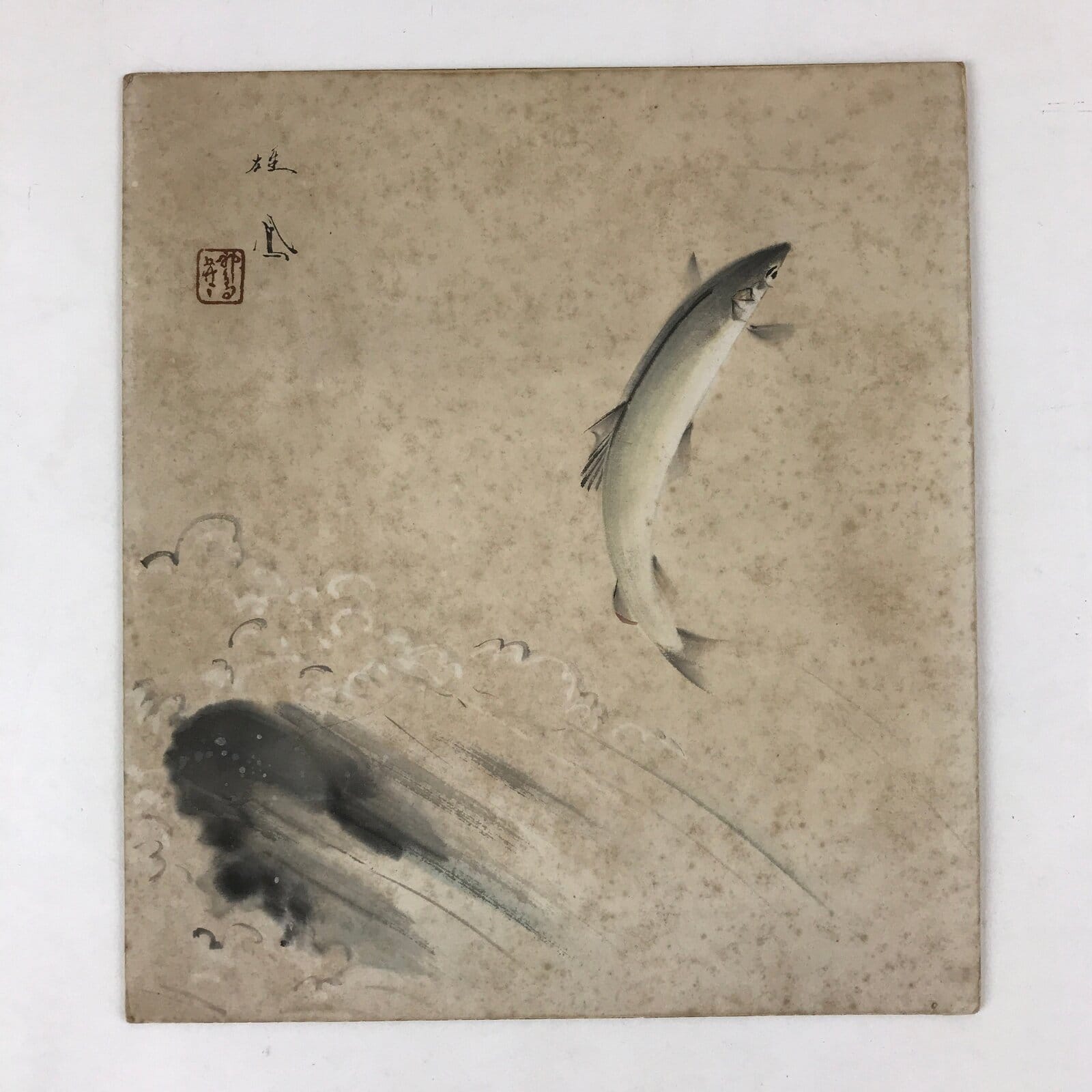 Japanese Shikishi Art Board Jumping Fish Vtg Gray Rapids River Painting A545