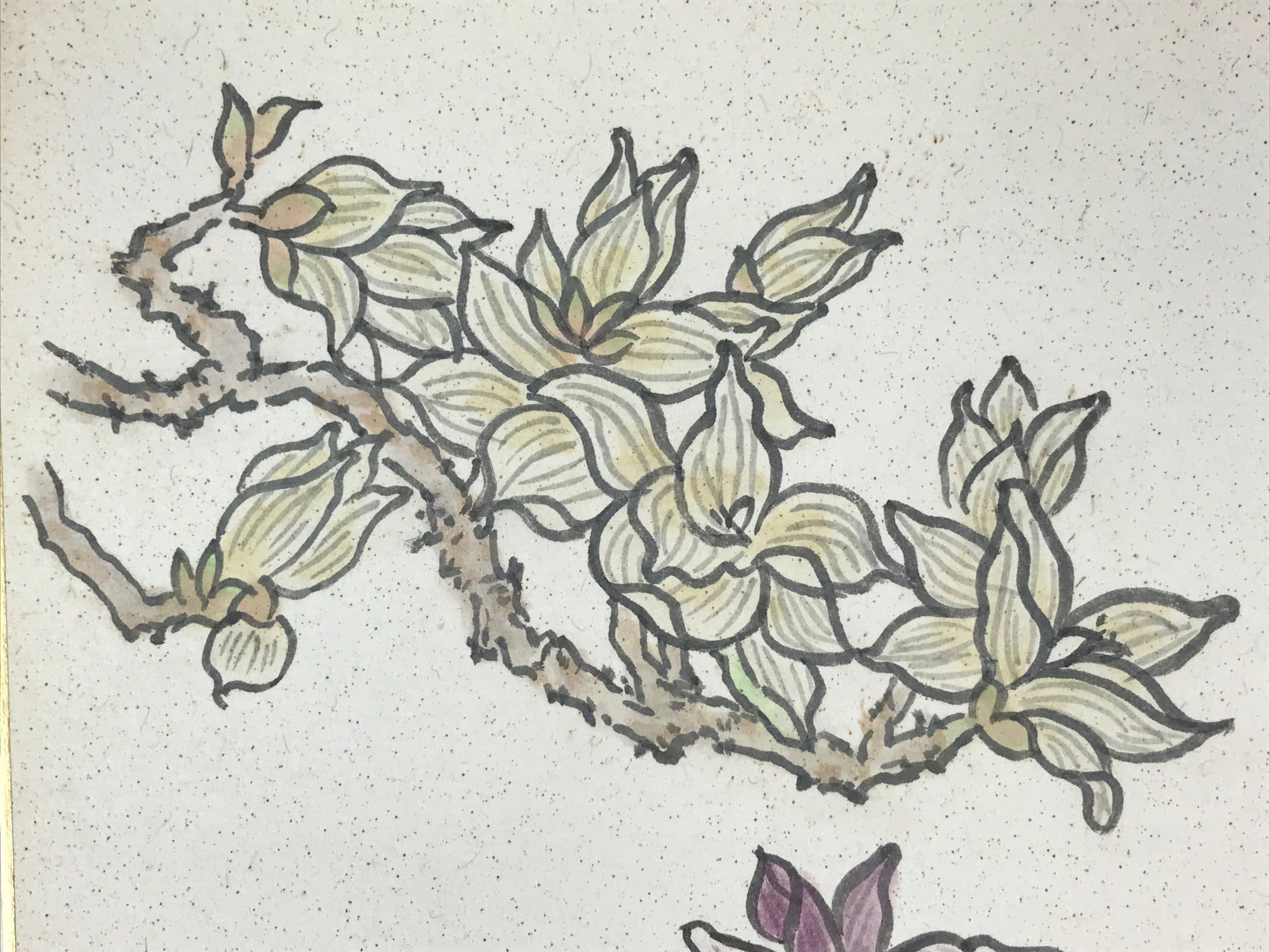 Japanese Shikishi Art Board Magnolia Trees Vtg White Pink Flowers Painting A557