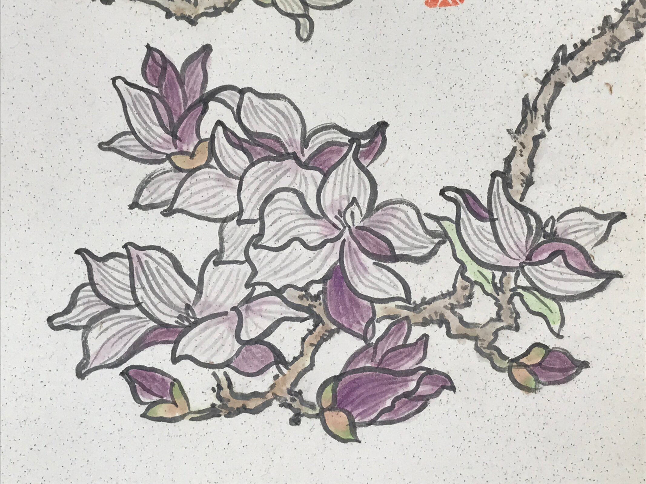 Japanese Shikishi Art Board Magnolia Trees Vtg White Pink Flowers Painting A557