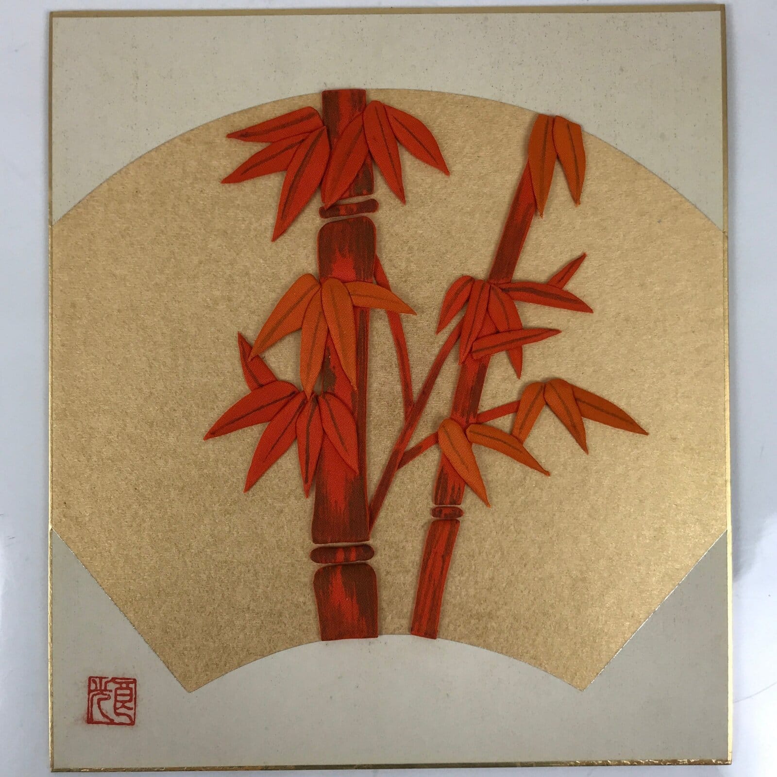 Japanese Shikishi Art Board Oshie Fabric Vtg Bamboo Leaves Orange Gold A692