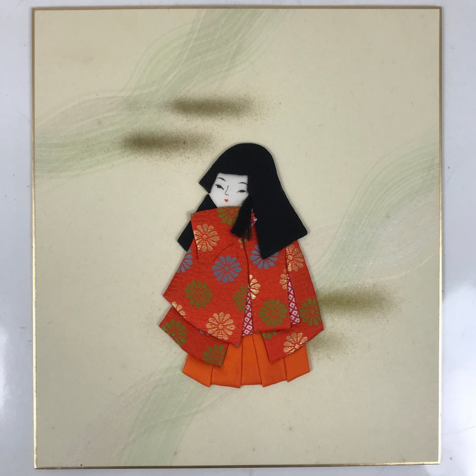 Japanese Shikishi Art Board Oshie Fabric Vtg Kimono Chrysanthemum Orange A691