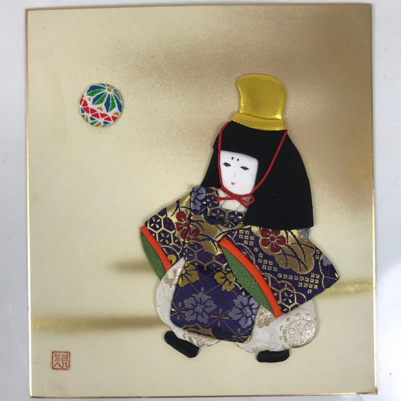 Japanese Shikishi Art Board Oshie Fabric Vtg Kimono Court Silk Temari A690