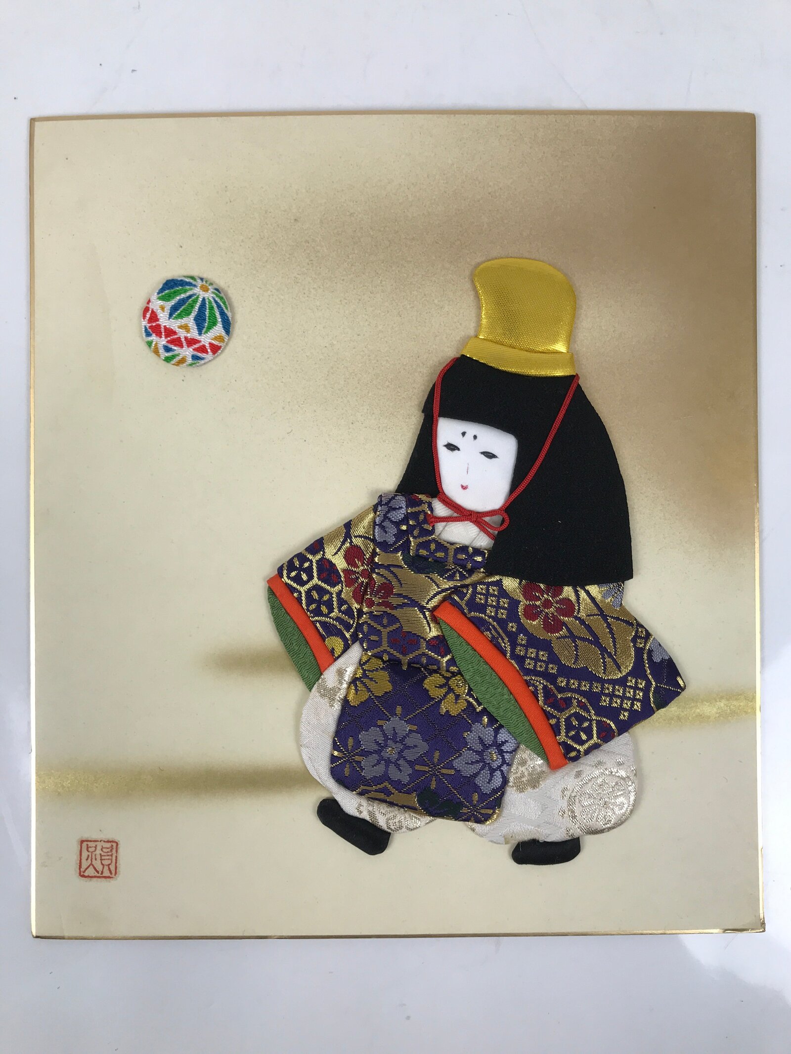 Japanese Shikishi Art Board Oshie Fabric Vtg Kimono Court Silk Temari A690