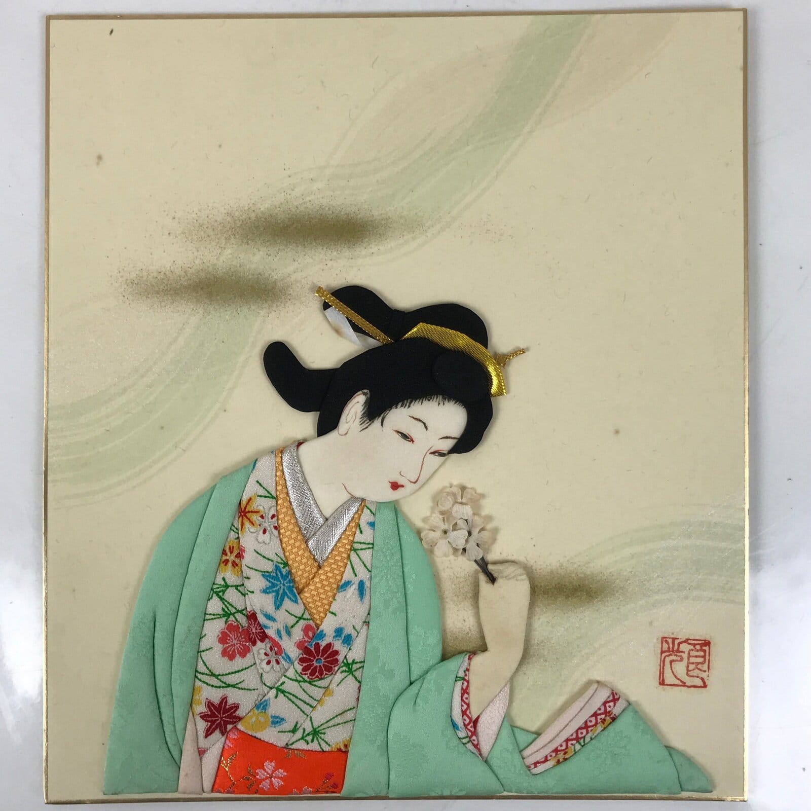 Japanese Shikishi Art Board Oshie Fabric Vtg Kimono Woman Geisha Floral A693
