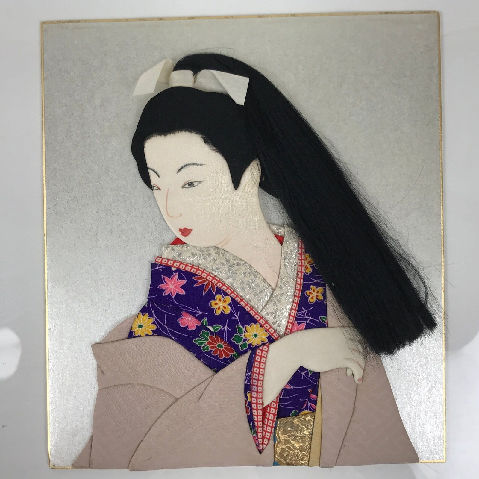 Japanese Shikishi Art Board Oshie Silk Fabric Kimono Woman Geisha Long Hair A781