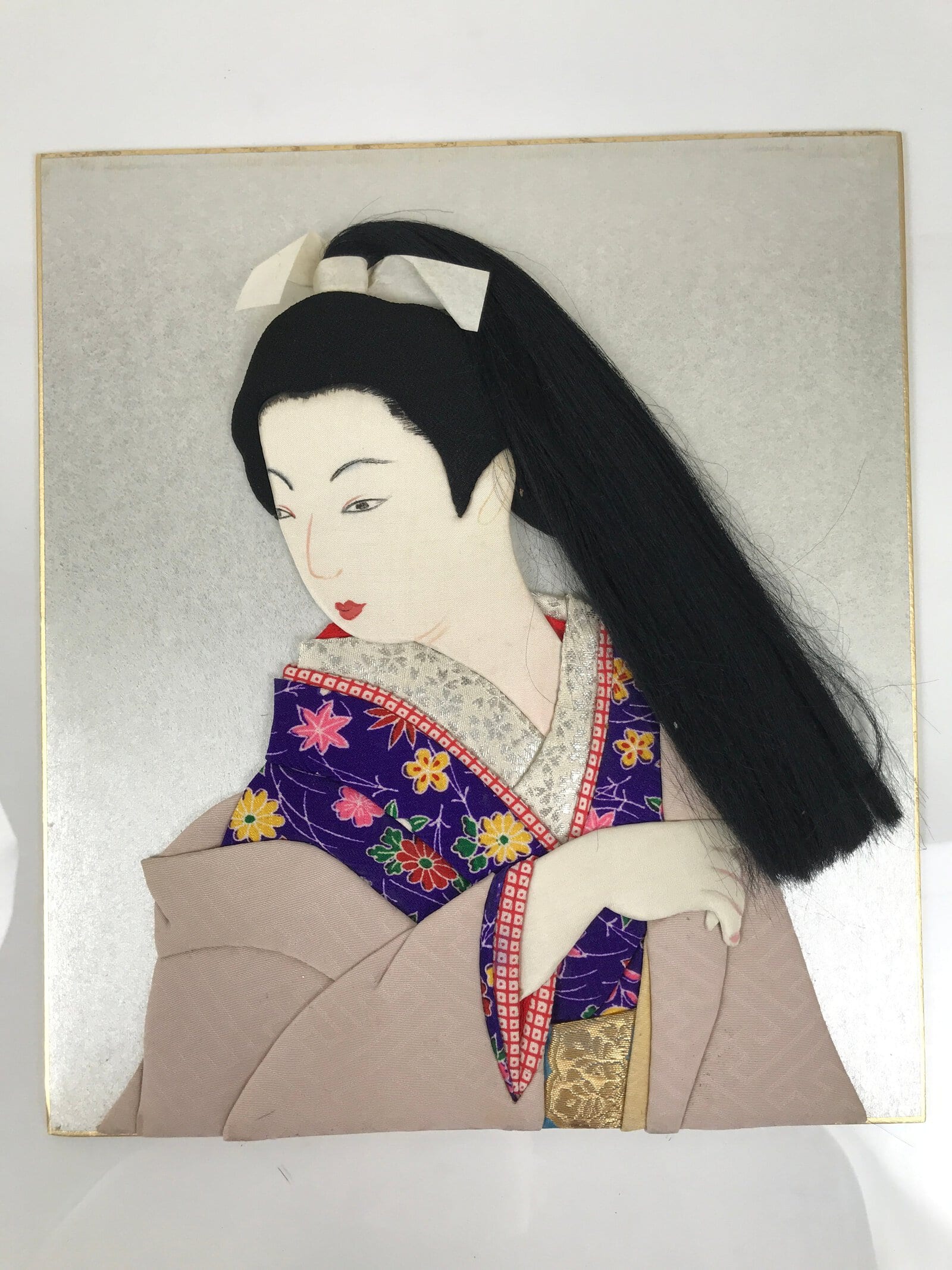 Japanese Shikishi Art Board Oshie Silk Fabric Kimono Woman Geisha Long Hair A781