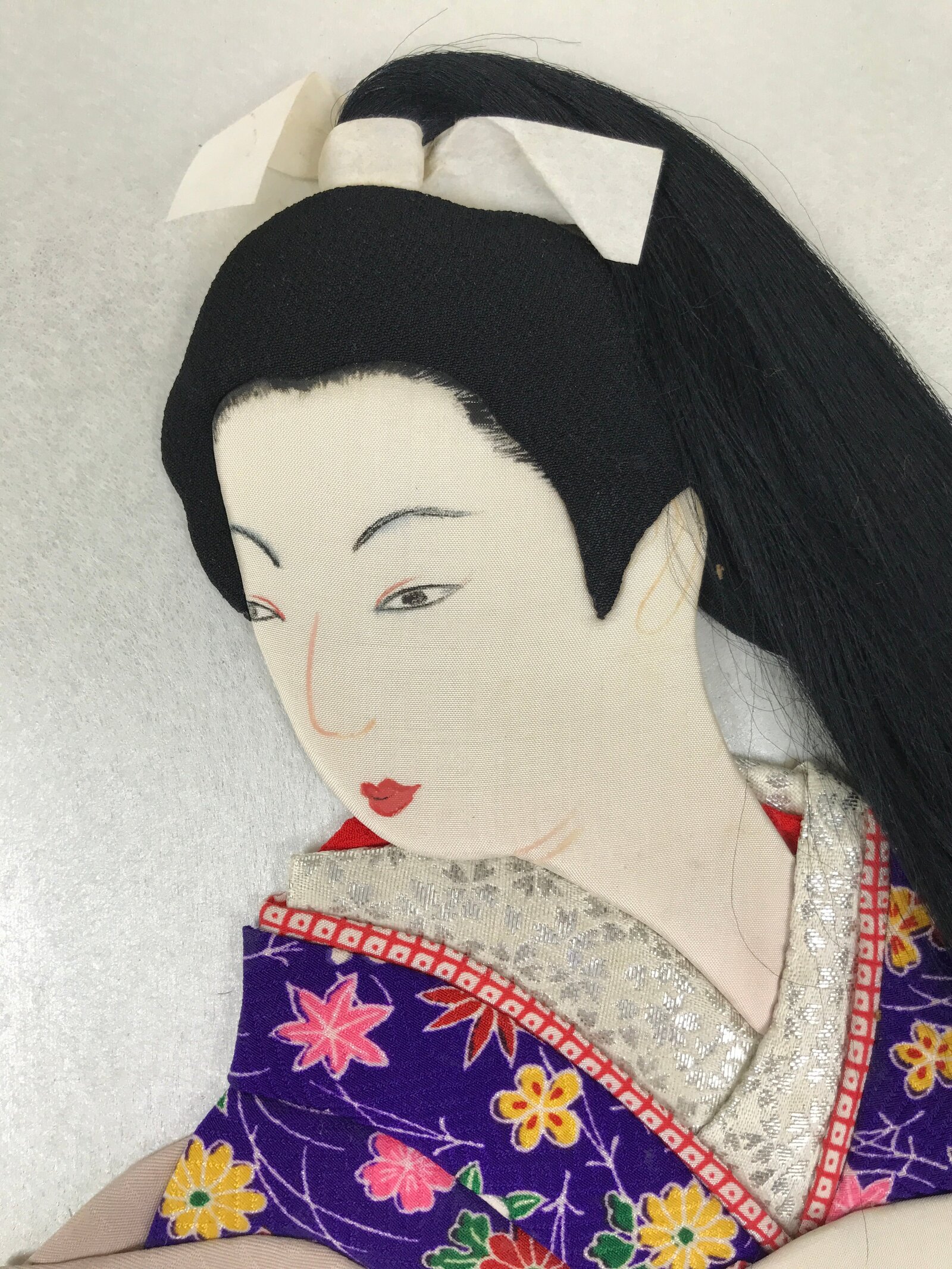 Japanese Shikishi Art Board Oshie Silk Fabric Kimono Woman Geisha Long Hair A781