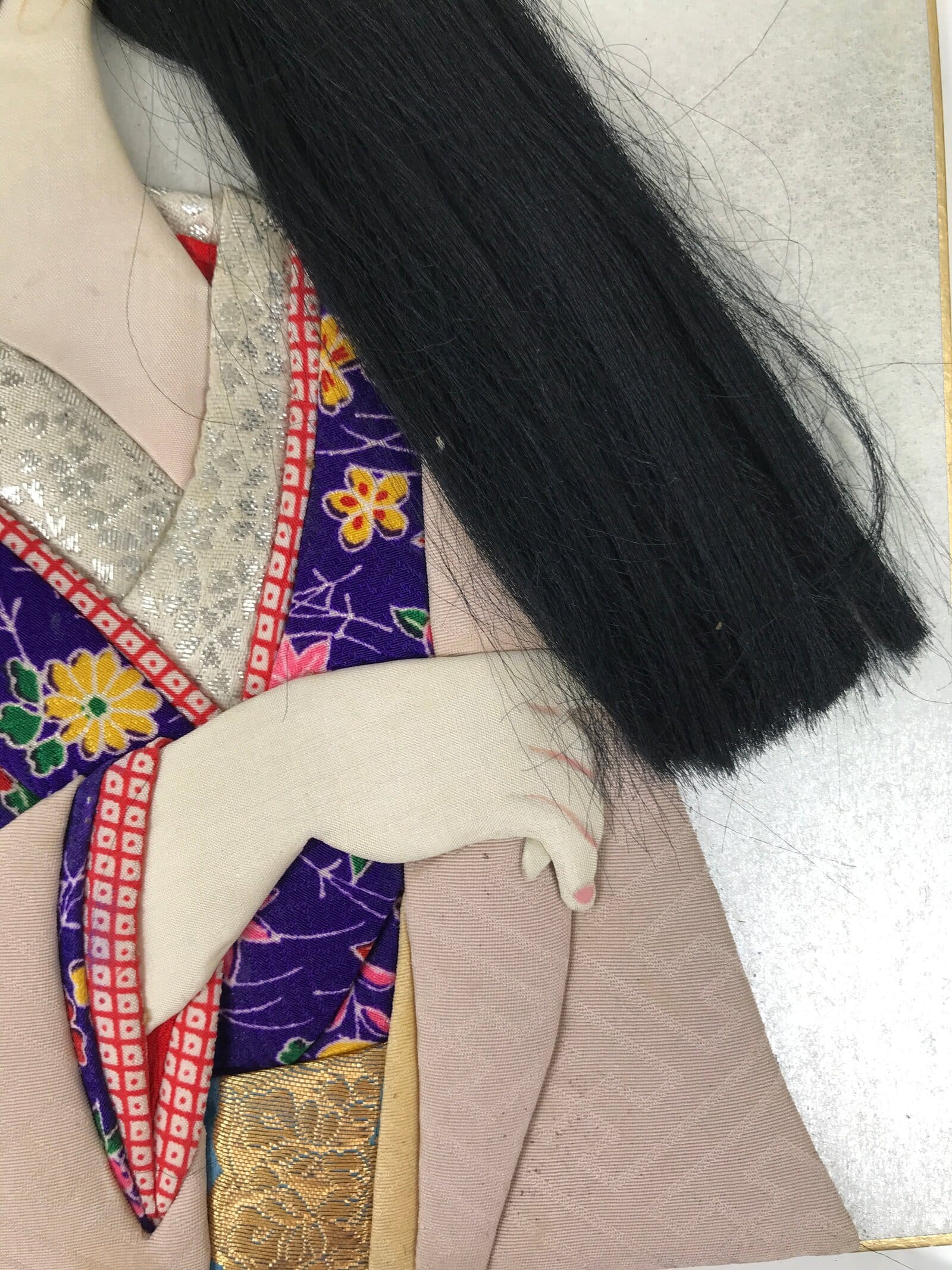 Japanese Shikishi Art Board Oshie Silk Fabric Kimono Woman Geisha Long Hair A781