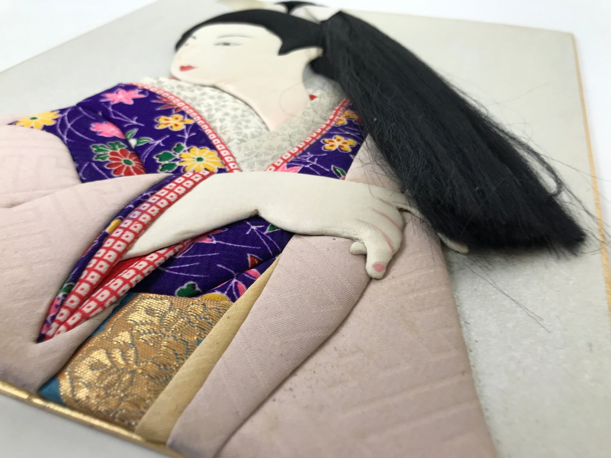 Japanese Shikishi Art Board Oshie Silk Fabric Kimono Woman Geisha Long Hair A781