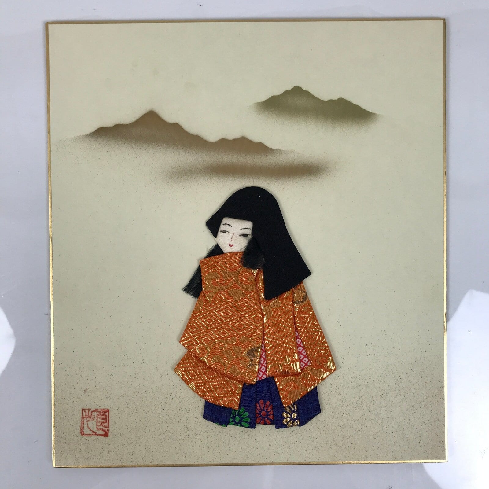 Japanese Shikishi Art Board Oshie Silk Fabric Kimono Woman Geisha Long Hair A787