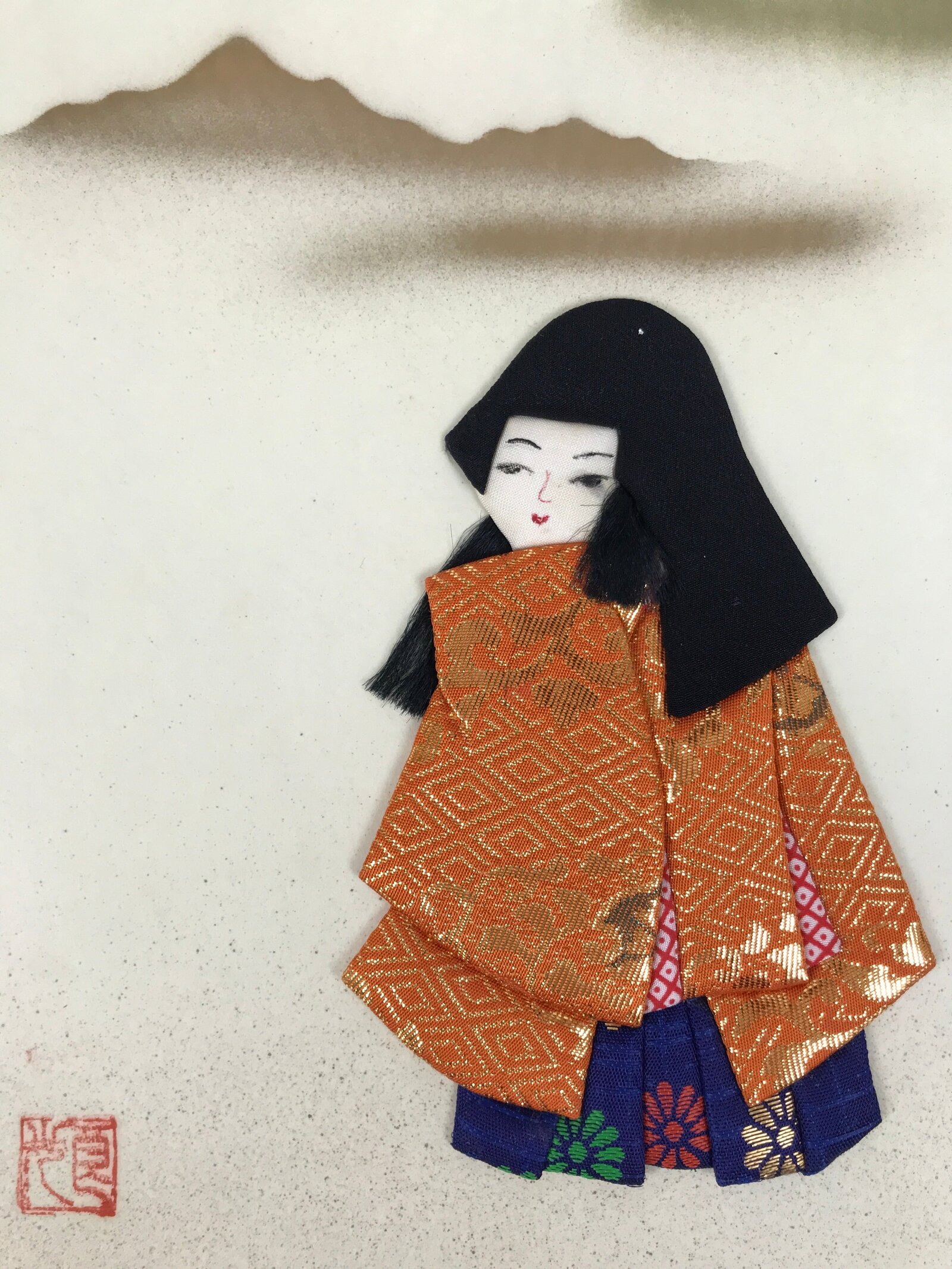 Japanese Shikishi Art Board Oshie Silk Fabric Kimono Woman Geisha Long Hair A787