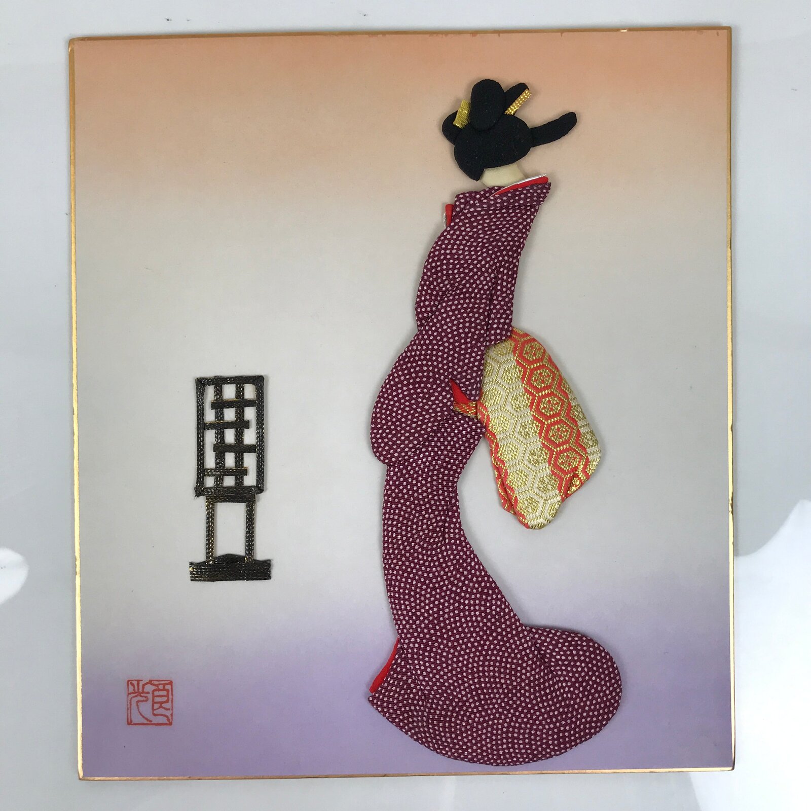 Japanese Shikishi Art Board Oshie Silk Fabric Kimono Woman Geisha Purple A776