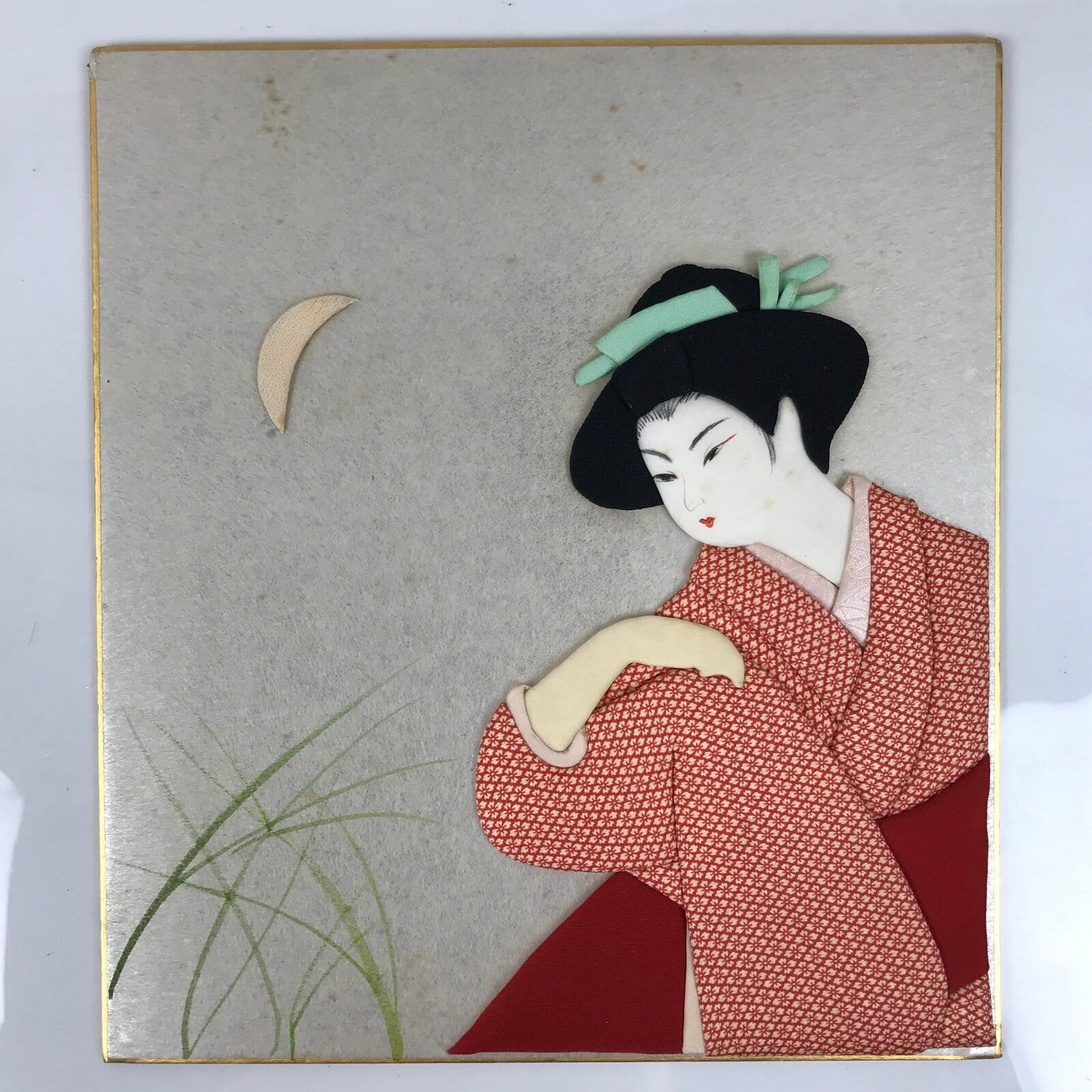 Japanese Shikishi Art Board Oshie Silk Fabric Kimono Woman Geisha Red Moon A796