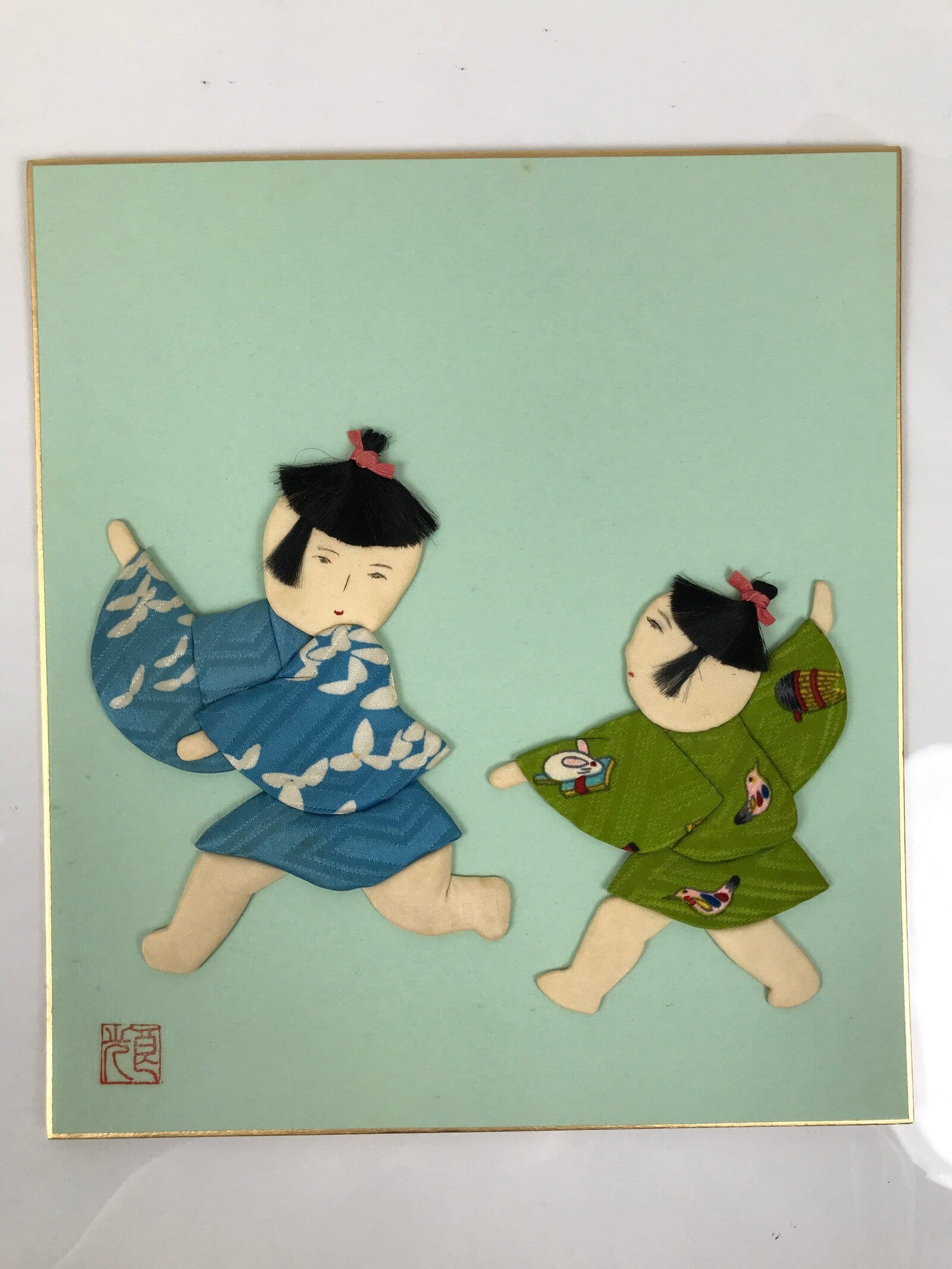 Japanese Shikishi Art Board Oshie Silk Fabric Playing Children Blue Green A777