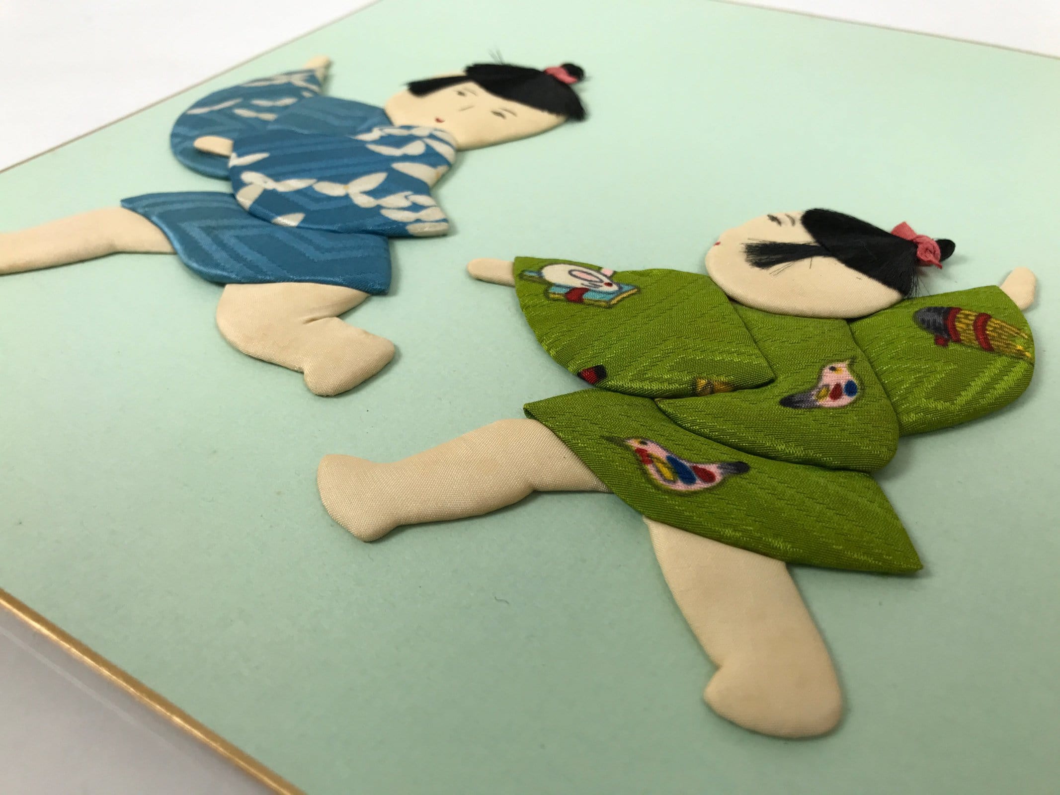 Japanese Shikishi Art Board Oshie Silk Fabric Playing Children Blue Green A777