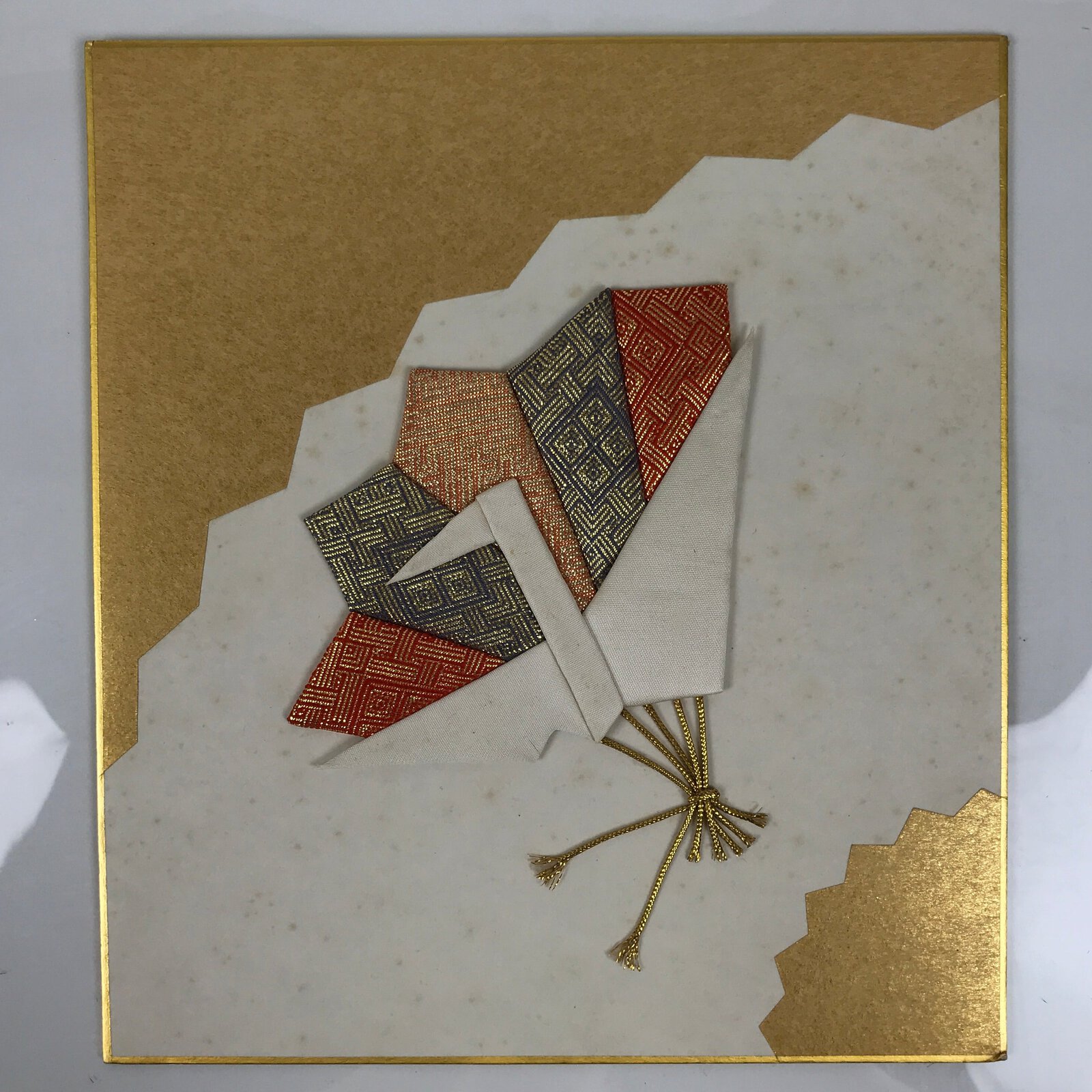 Japanese Shikishi Art Board Oshie Silk Fabric Vtg Folding Fan Origami Crane A788