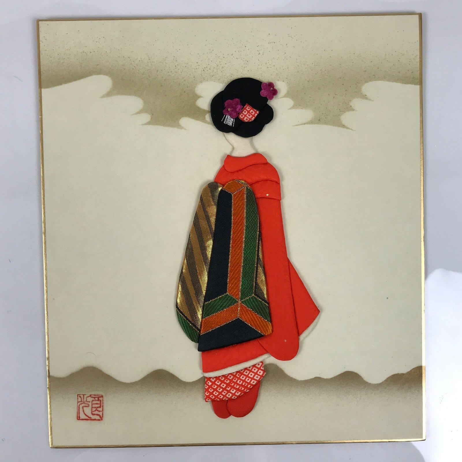 Japanese Shikishi Art Board Oshie Silk Fabric Vtg Geisha Maiko Kimono Woman A793