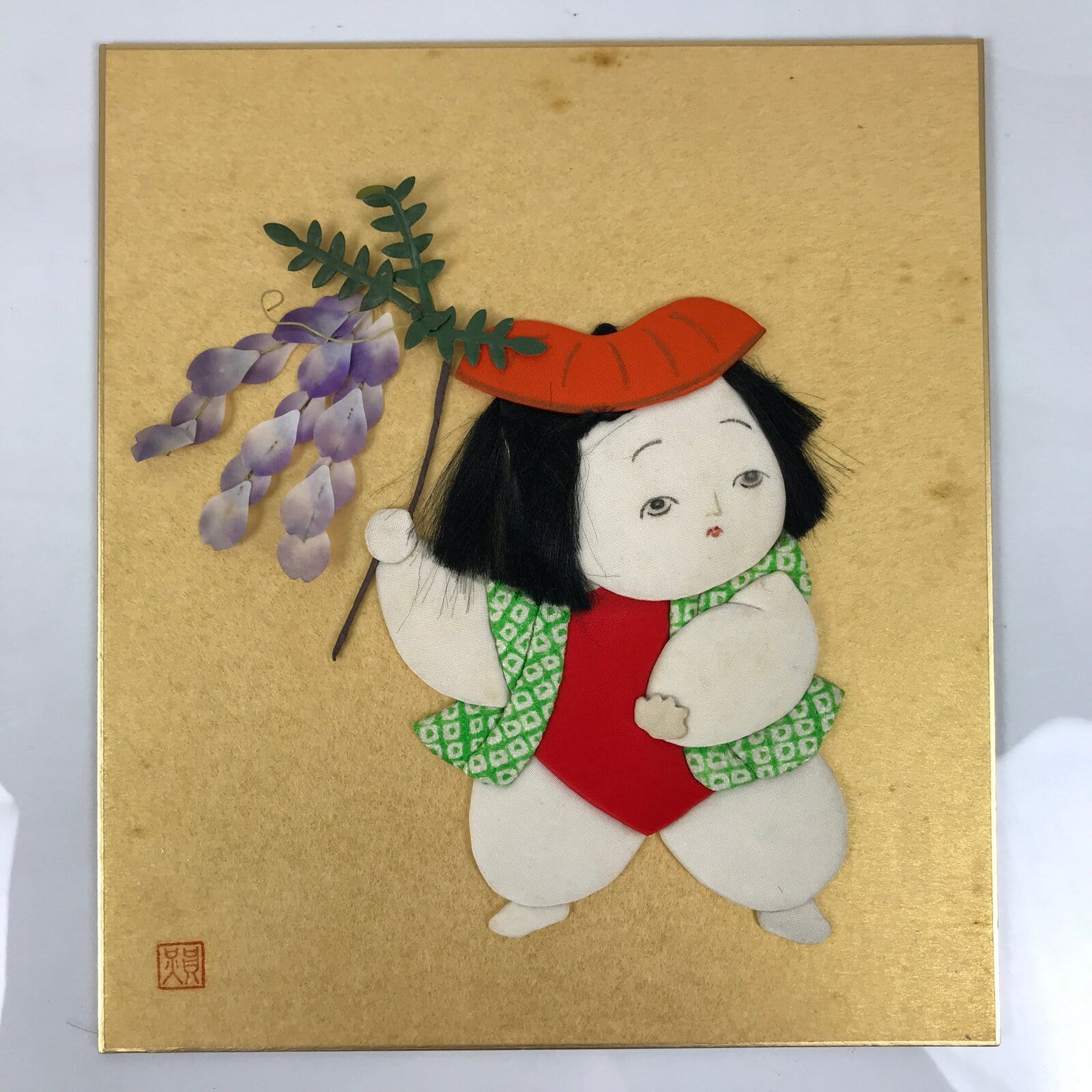 Japanese Shikishi Art Board Oshie Silk Fabric Vtg Gosho Ningyo Doll Child A785