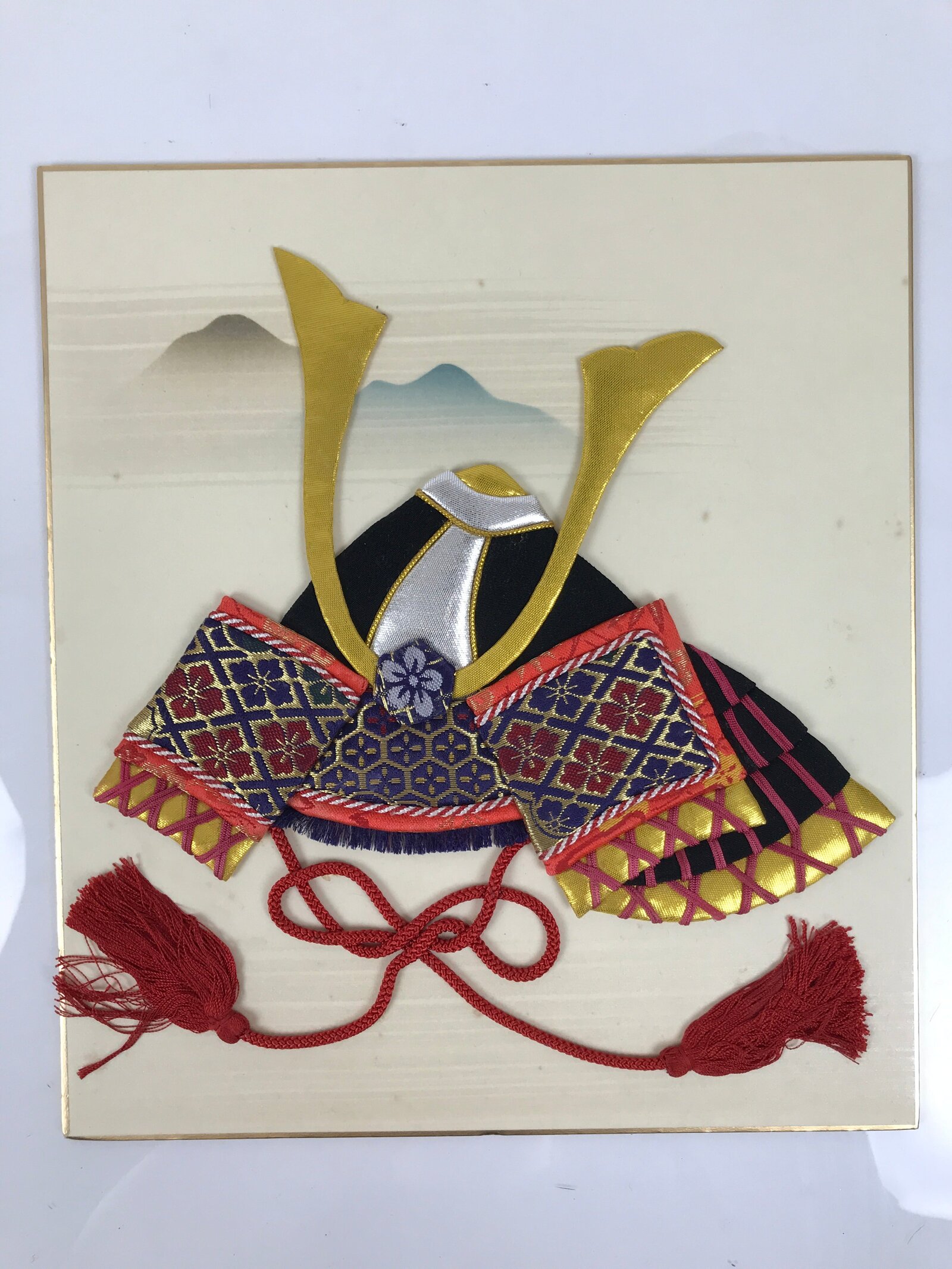 Japanese Shikishi Art Board Oshie Silk Fabric Vtg Kabuto Samurai Helmet Red A786