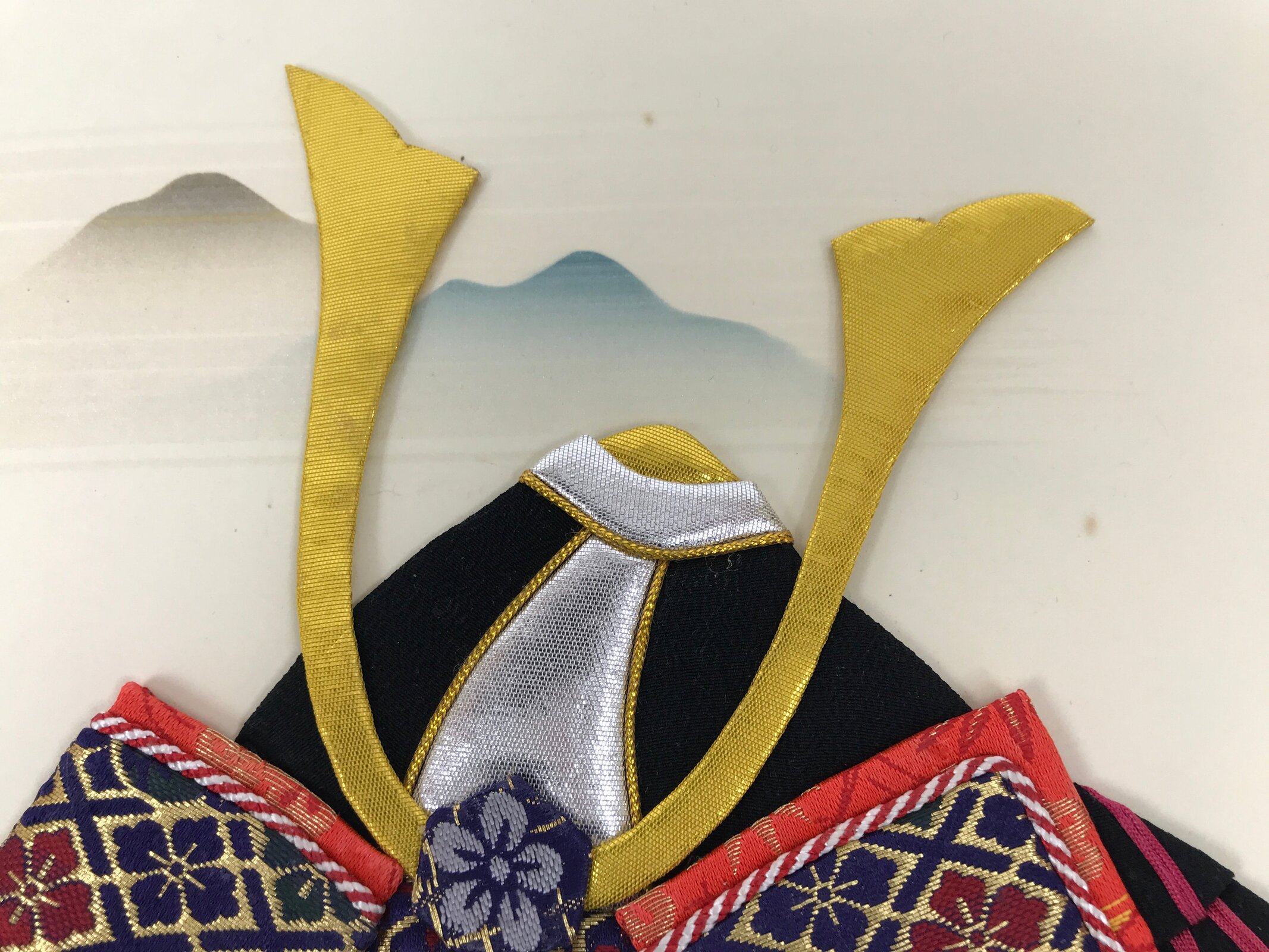 Japanese Shikishi Art Board Oshie Silk Fabric Vtg Kabuto Samurai Helmet Red A786