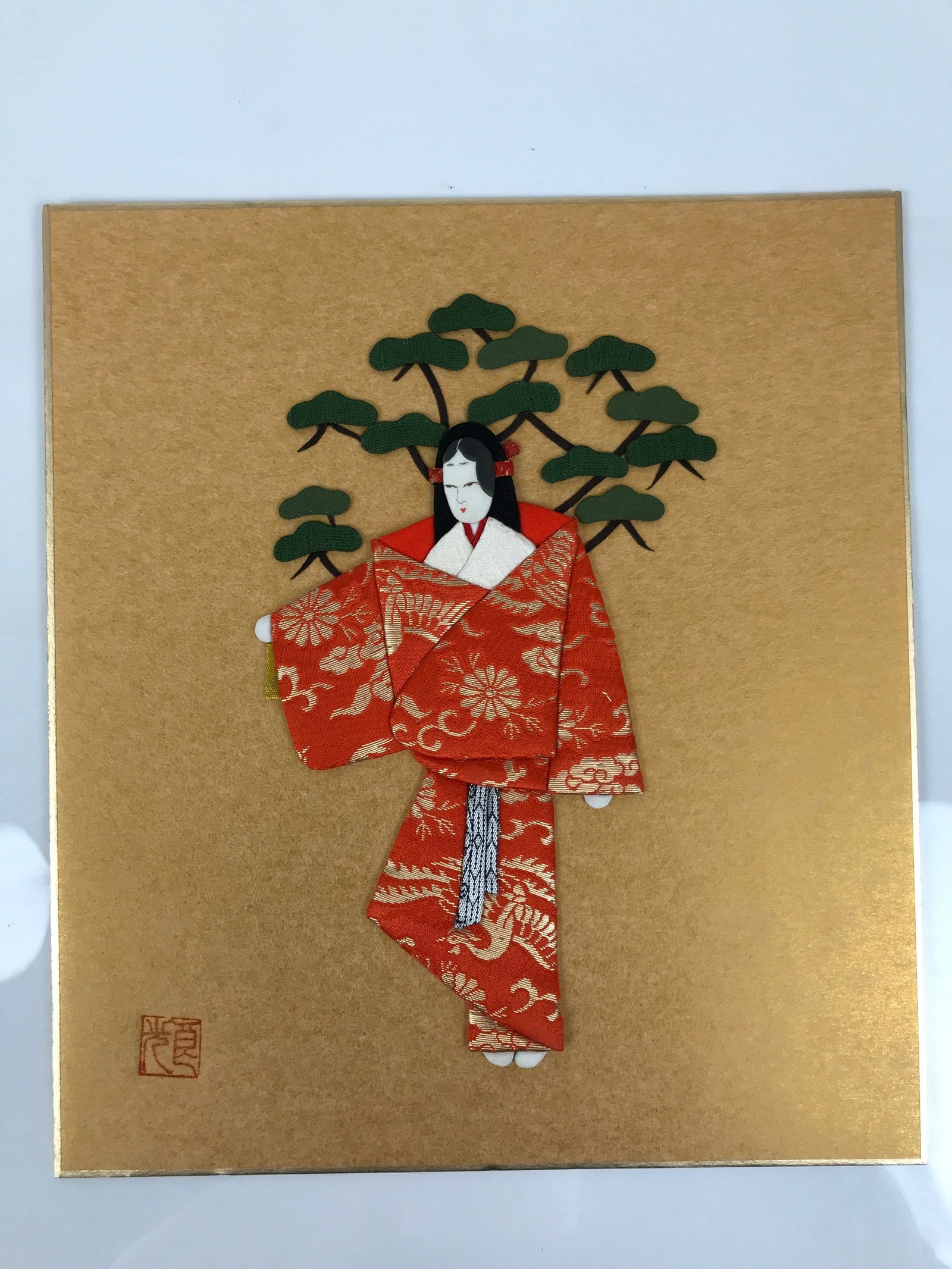 Japanese Shikishi Art Board Oshie Silk Fabric Vtg Kimono Woman Geisha Mask A779