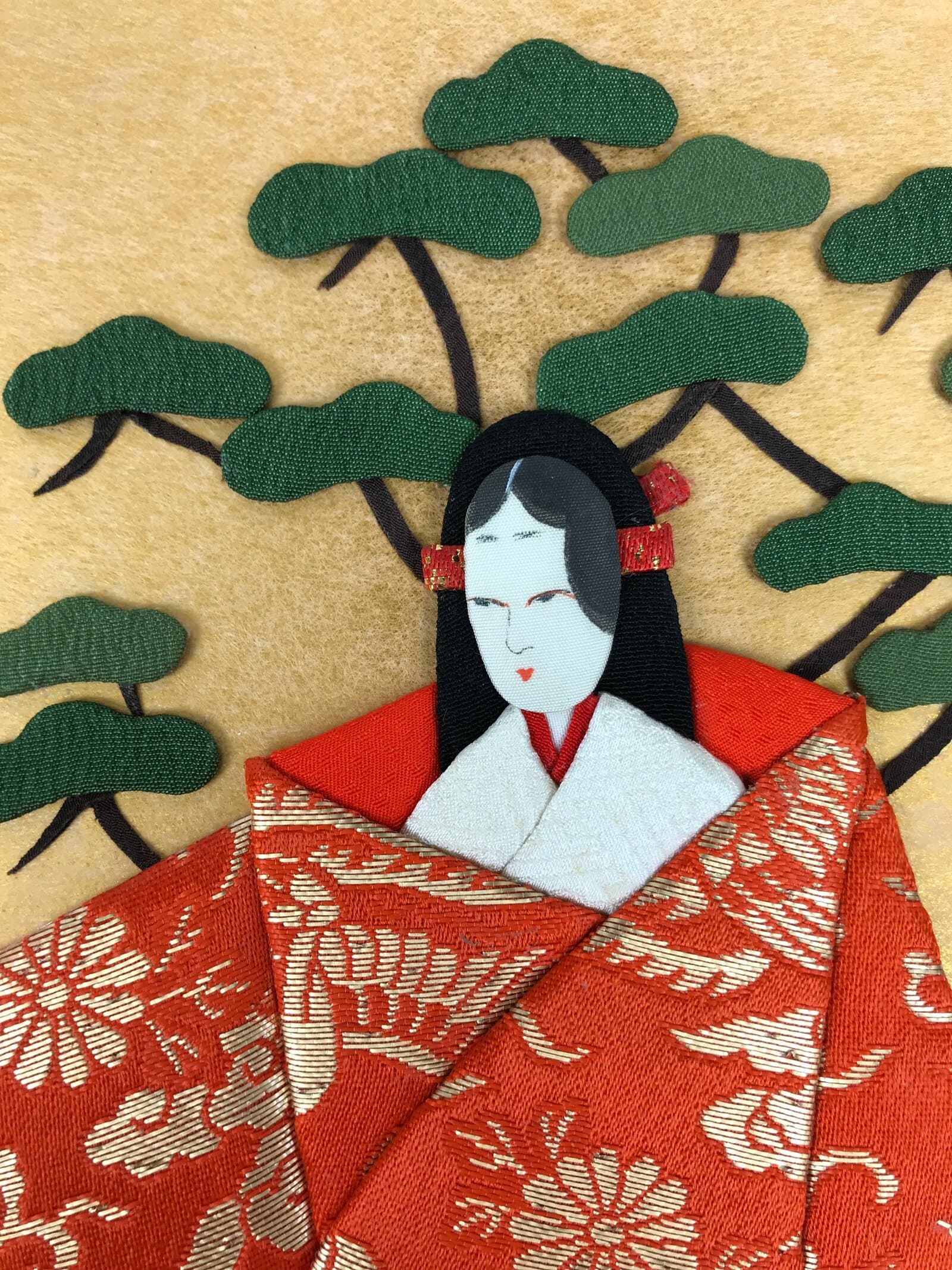 Japanese Shikishi Art Board Oshie Silk Fabric Vtg Kimono Woman Geisha Mask A779