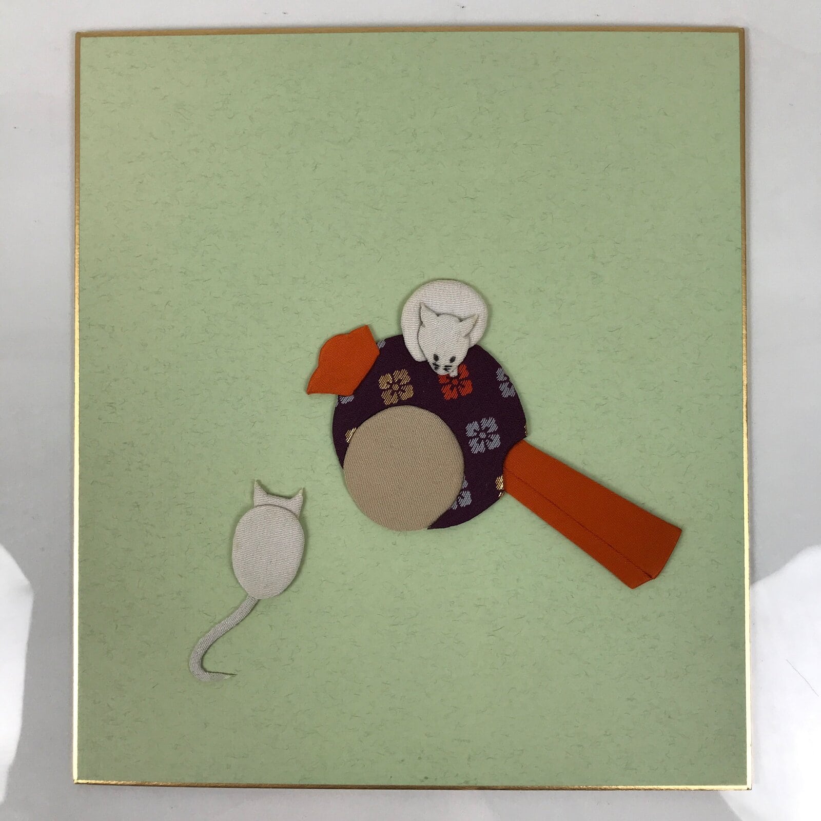 Japanese Shikishi Art Board Oshie Silk Fabric Vtg Zodiac Mouse Lucky Hammer A782