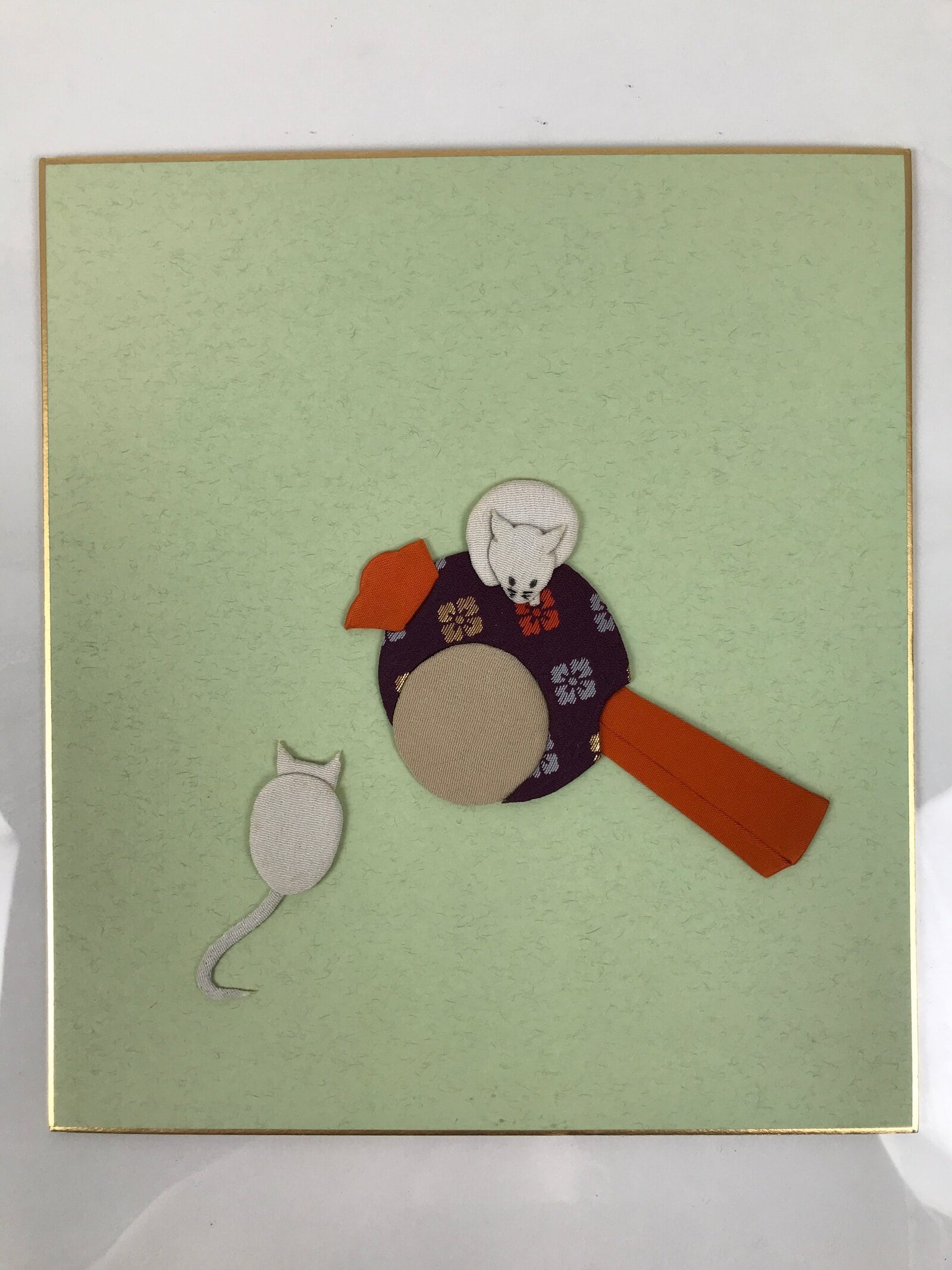 Japanese Shikishi Art Board Oshie Silk Fabric Vtg Zodiac Mouse Lucky Hammer A782