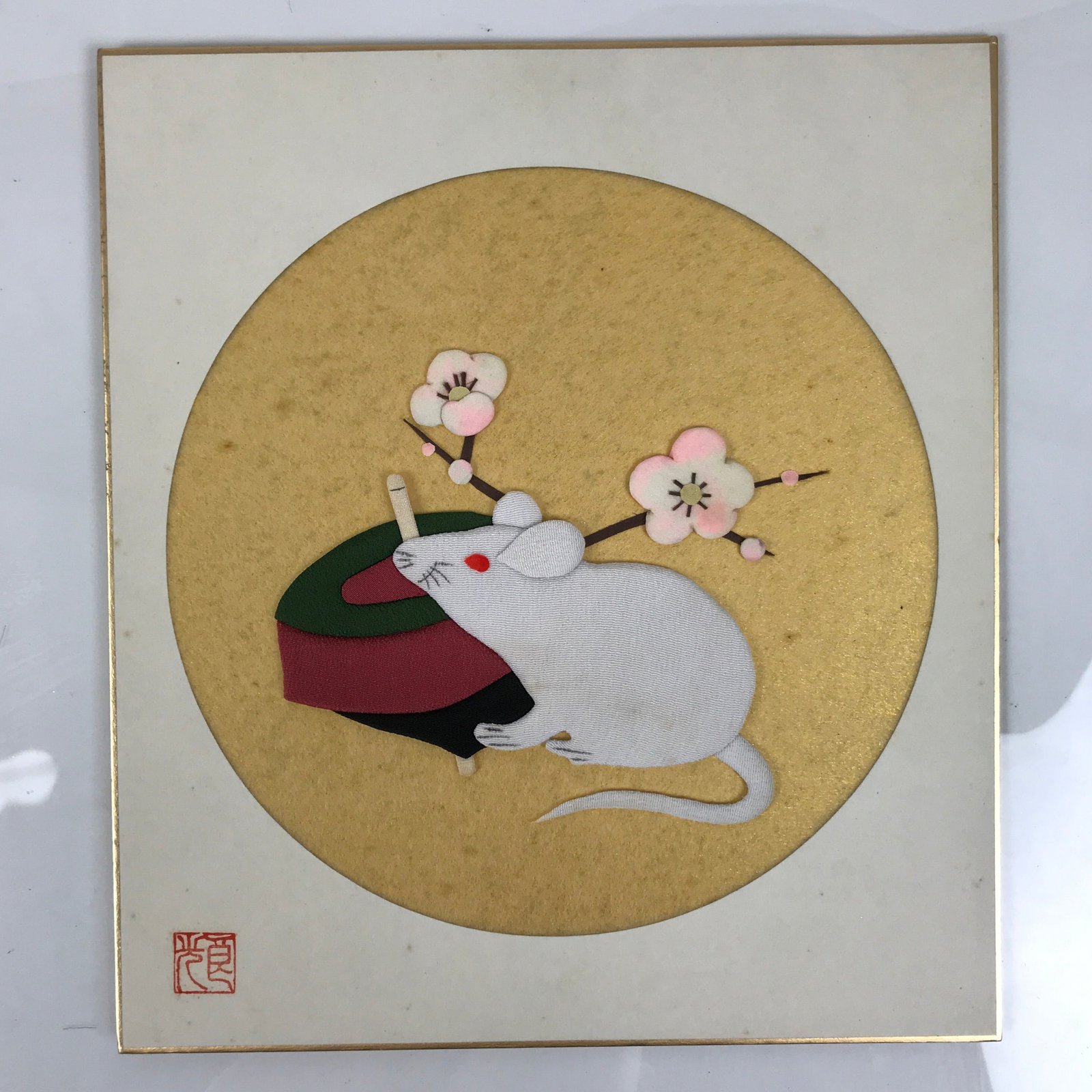 Japanese Shikishi Art Board Oshie Silk Fabric Zodiac Mouse Plum Blossoms A794