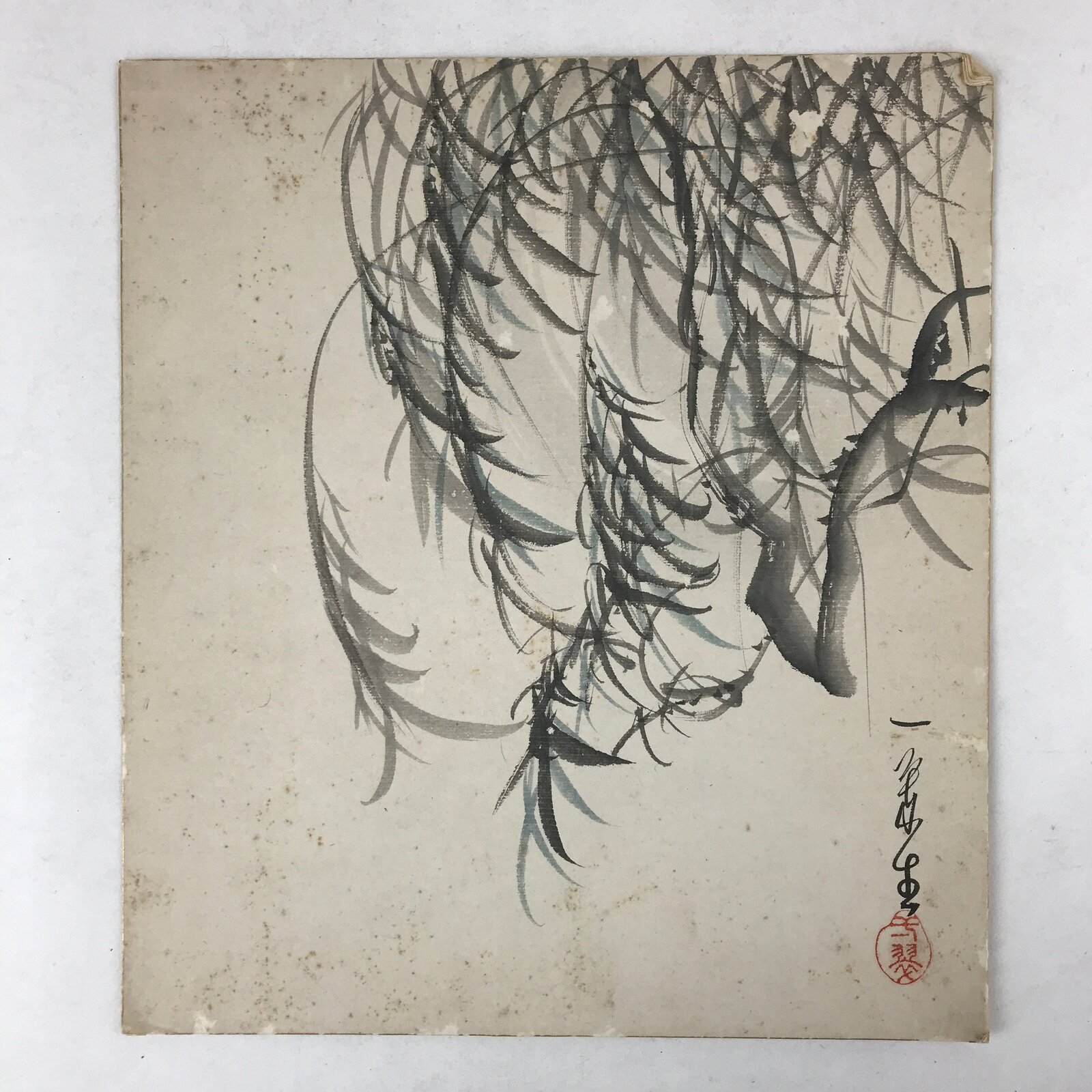 Japanese Shikishi Art Board Painting Black Blue Yanagi Weeping Willow A599