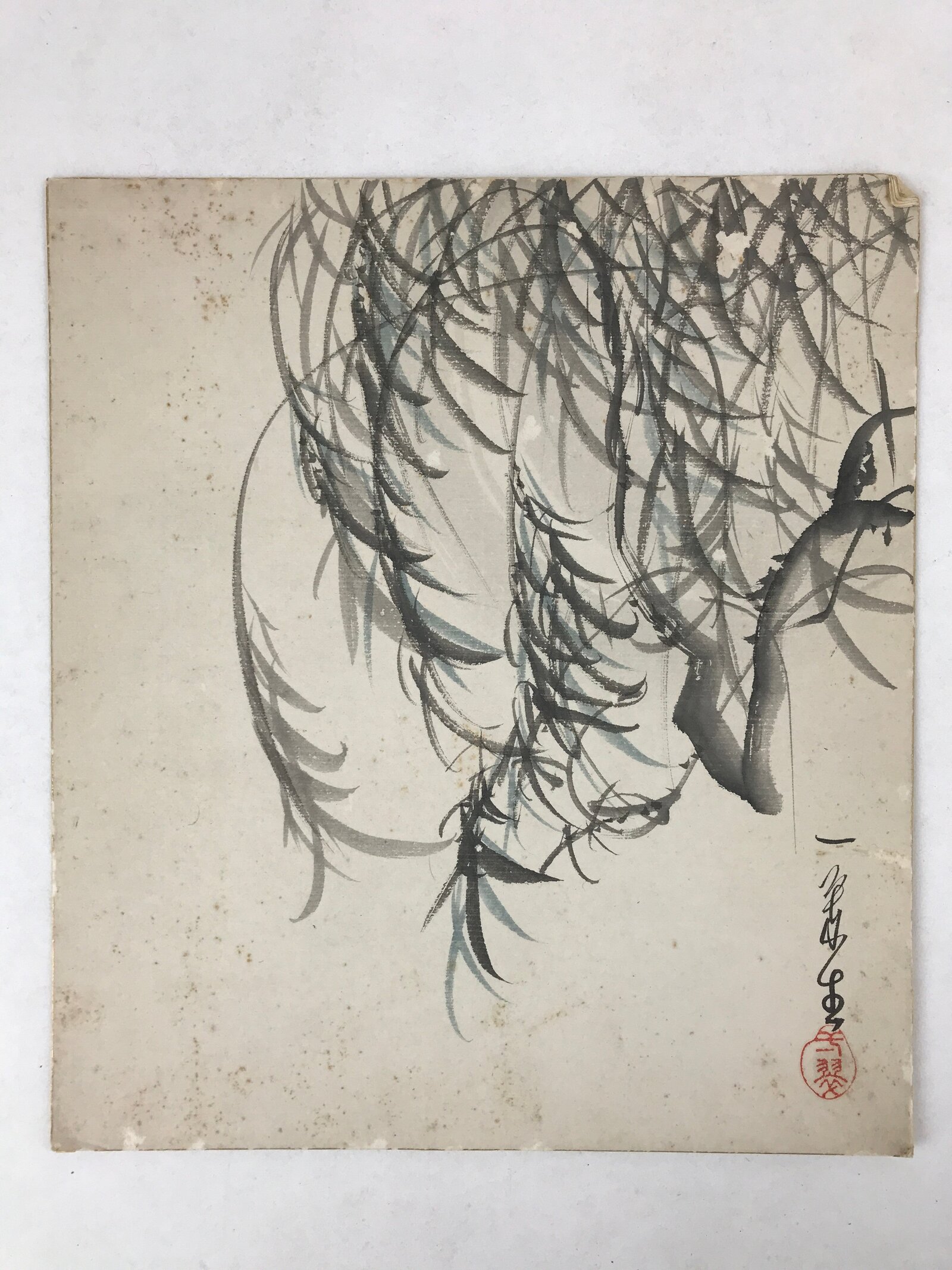 Japanese Shikishi Art Board Painting Black Blue Yanagi Weeping Willow A599