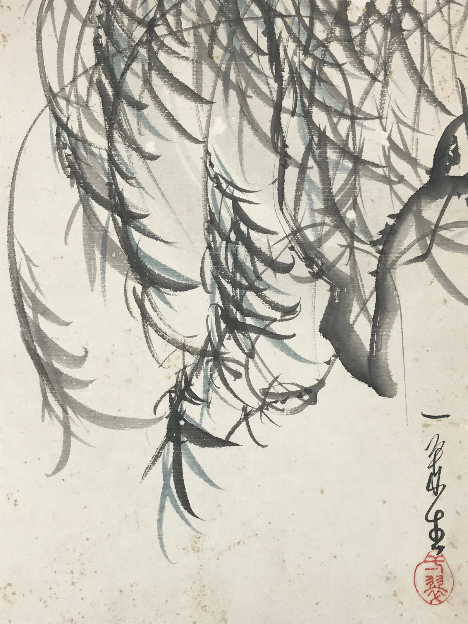 Japanese Shikishi Art Board Painting Black Blue Yanagi Weeping Willow A599