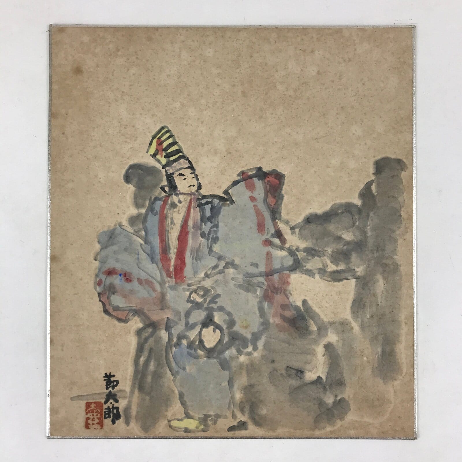 Japanese Shikishi Art Board Painting Emperor Child Vtg Blue Red Painting A550