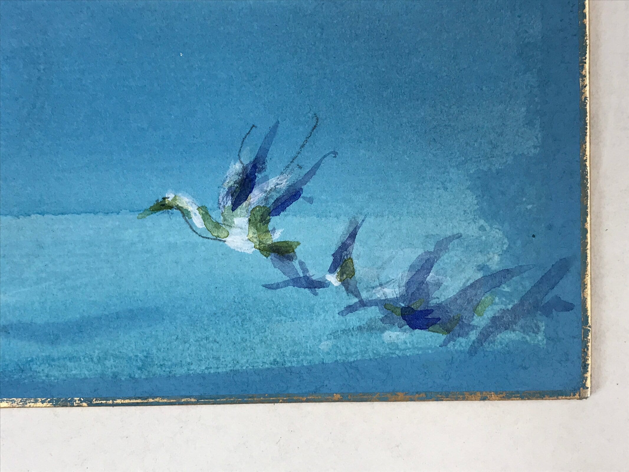 Japanese Shikishi Art Board Painting Flying Crane Tsuru Blue Sky A579