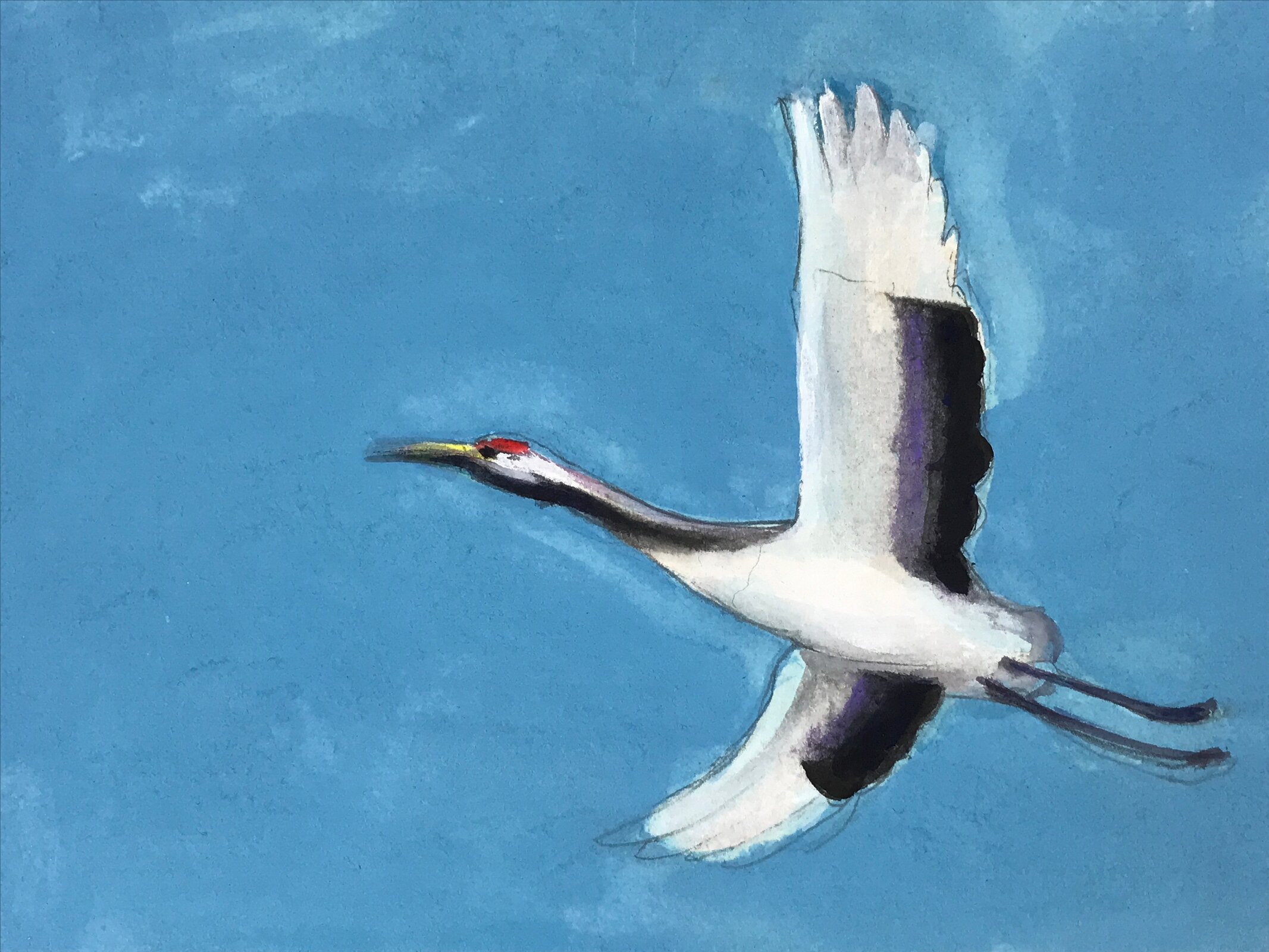 Japanese Shikishi Art Board Painting Flying Crane Tsuru Blue Sky A579