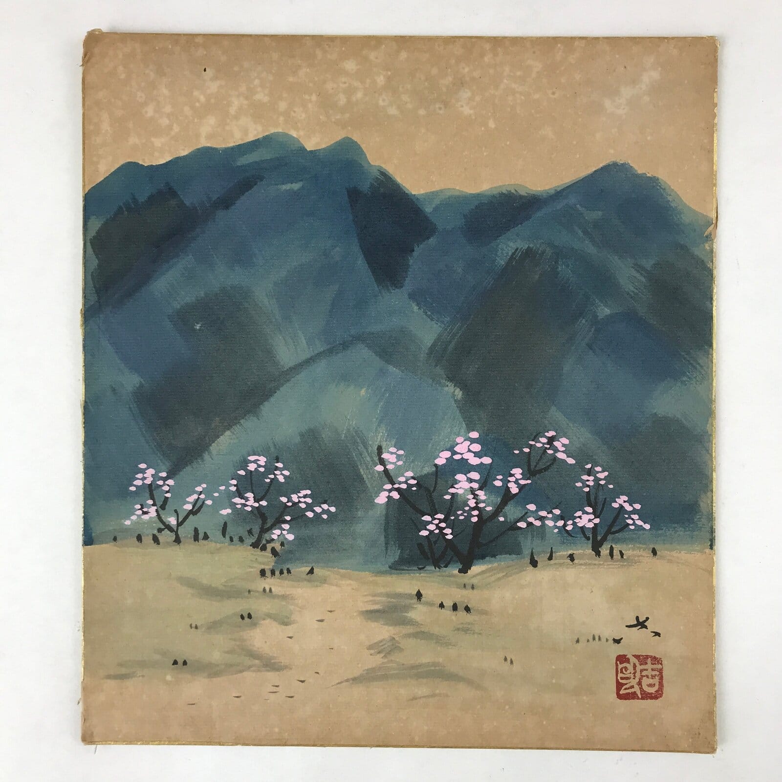 Japanese Shikishi Art Board Painting Mountain Valley Cherry Blossom Nature A586