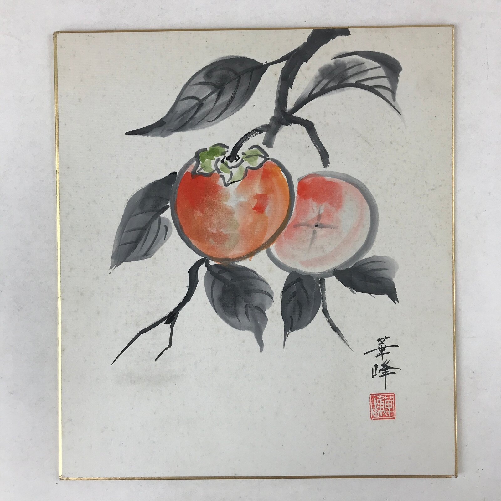 Japanese Shikishi Art Board Painting Orange Black Persimmons Fruit Tree A590
