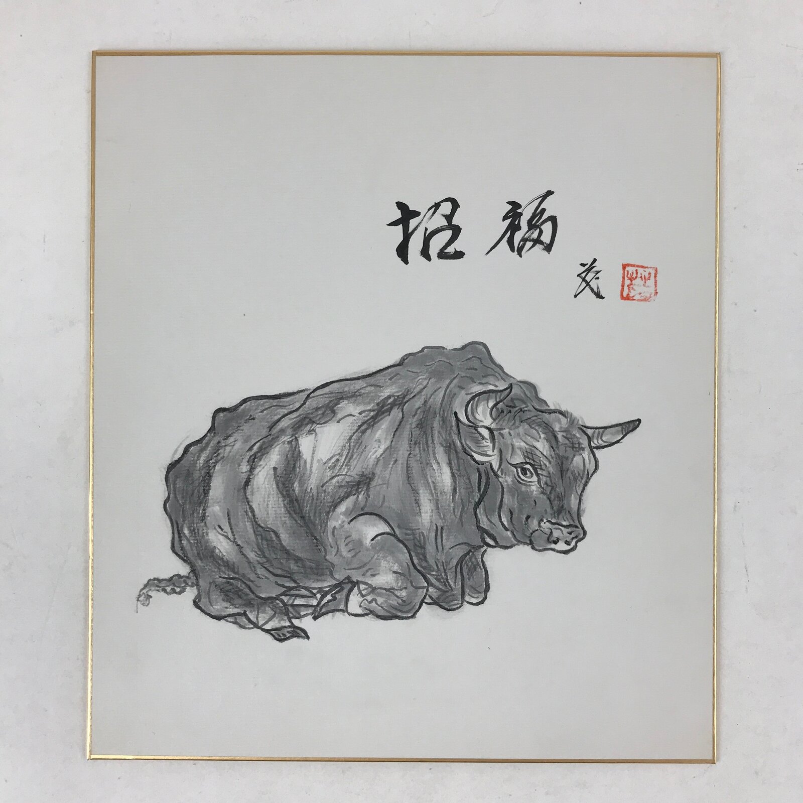 Japanese Shikishi Art Board Painting Ox Ushi Gray Monochrome Zodiac Animal A554